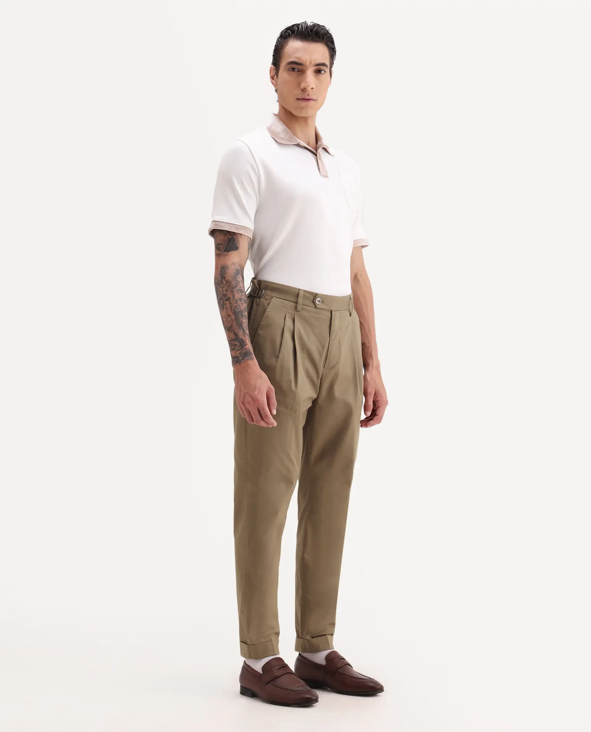 Rare Rabbit Men's Lewit Khaki Cotton Plain Regular Fit Trouser - Image 7