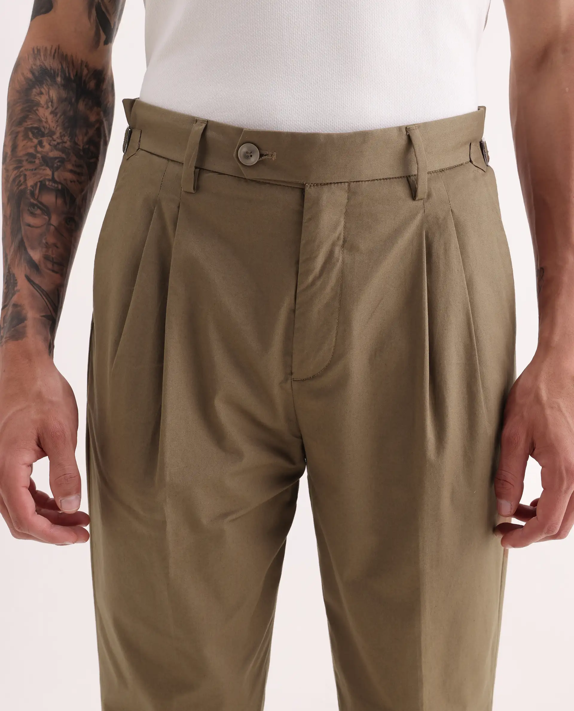 Rare Rabbit Men's Lewit Khaki Cotton Plain Regular Fit Trouser - Image 8