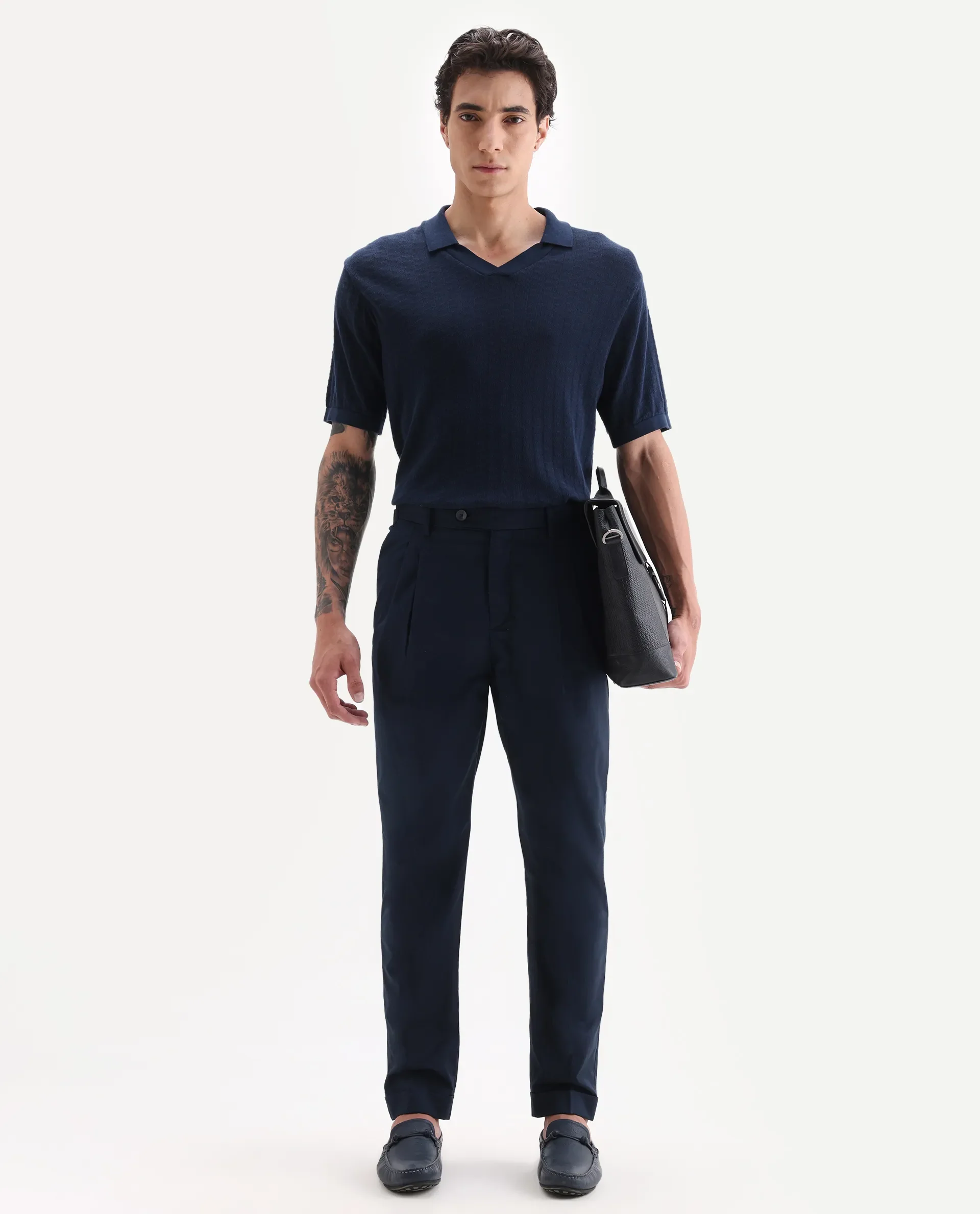 Rare Rabbit Men's Lewit Navy Cotton Plain Regular Fit Trouser