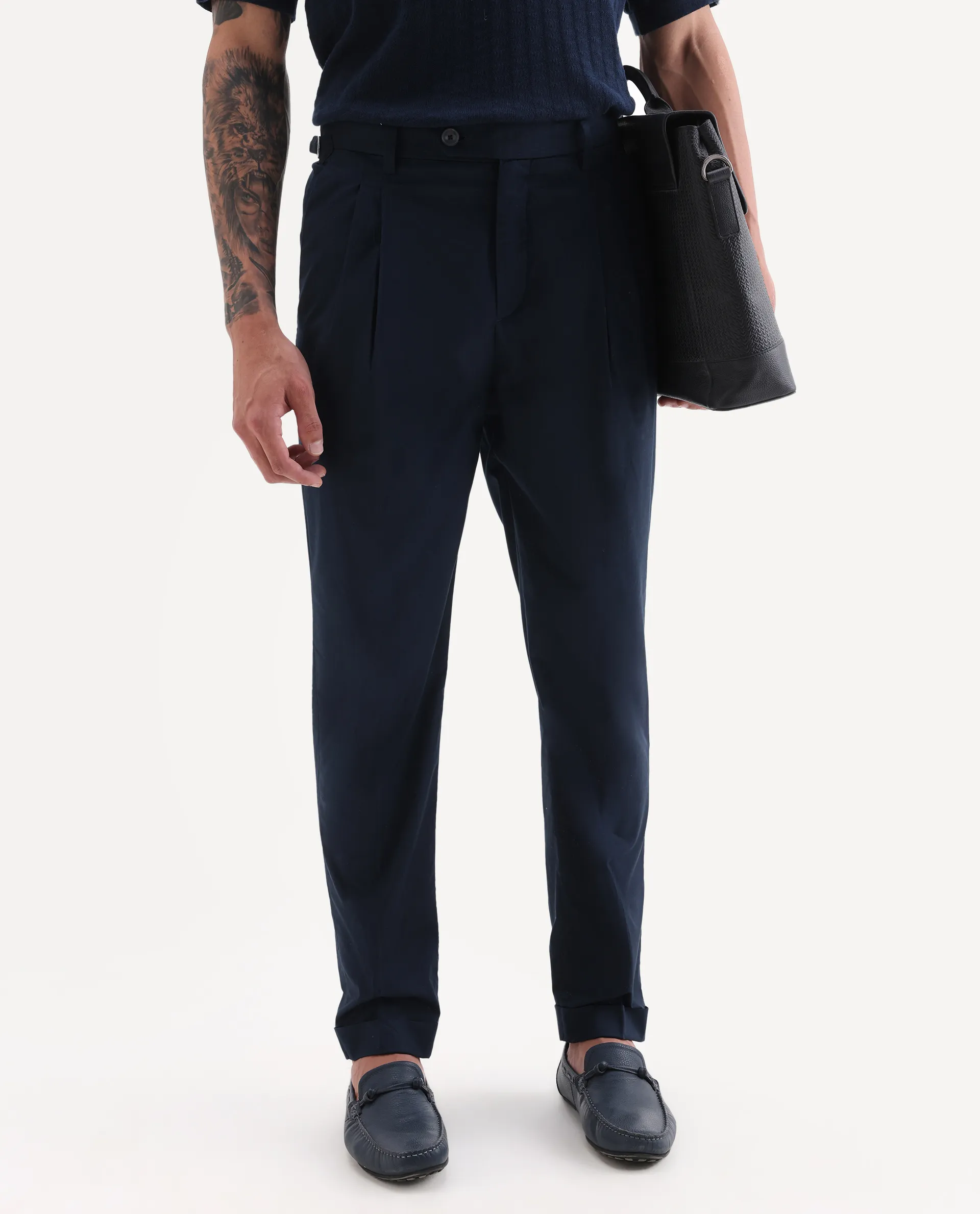 Rare Rabbit Men's Lewit Navy Cotton Plain Regular Fit Trouser - Image 2