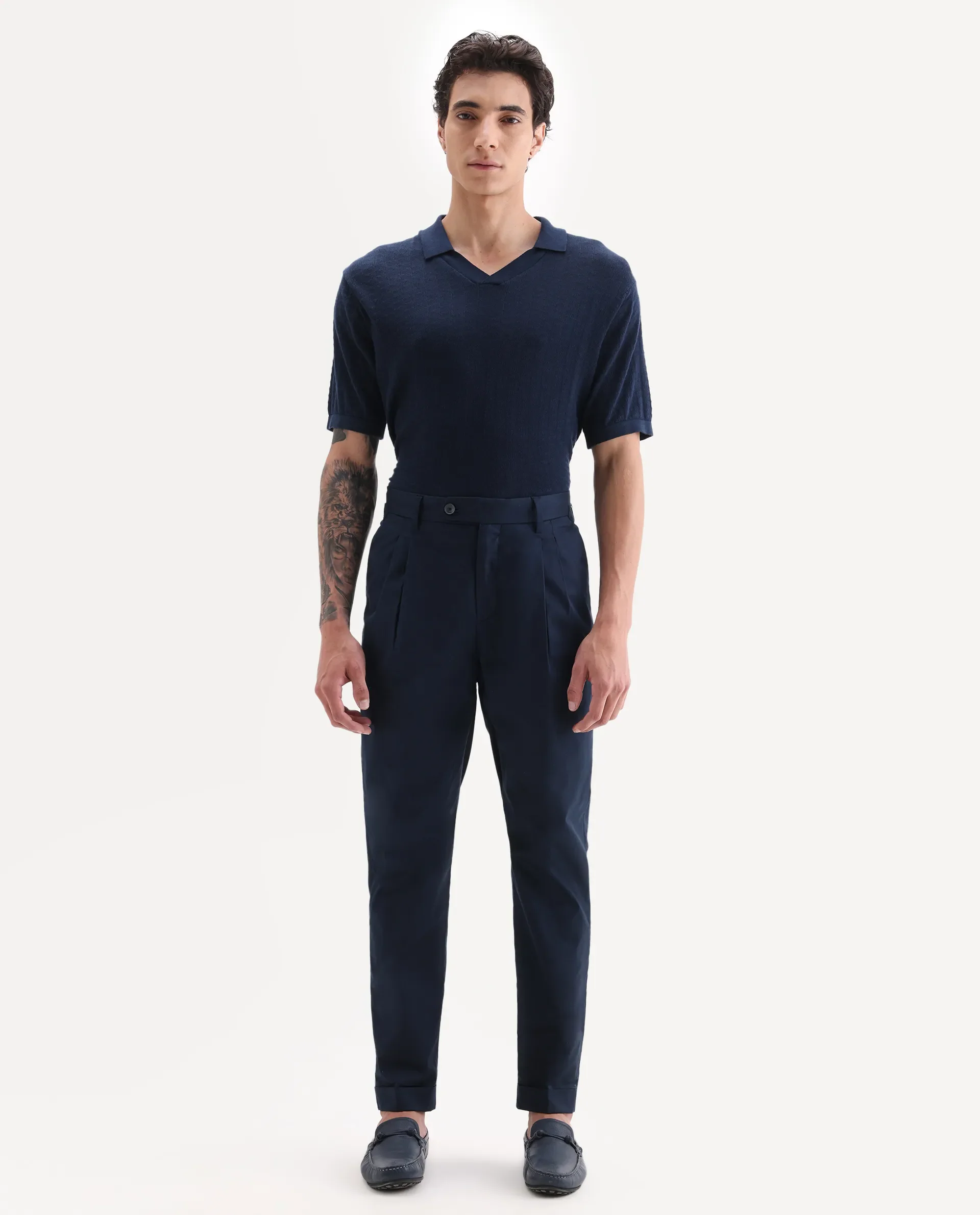 Rare Rabbit Men's Lewit Navy Cotton Plain Regular Fit Trouser - Image 4