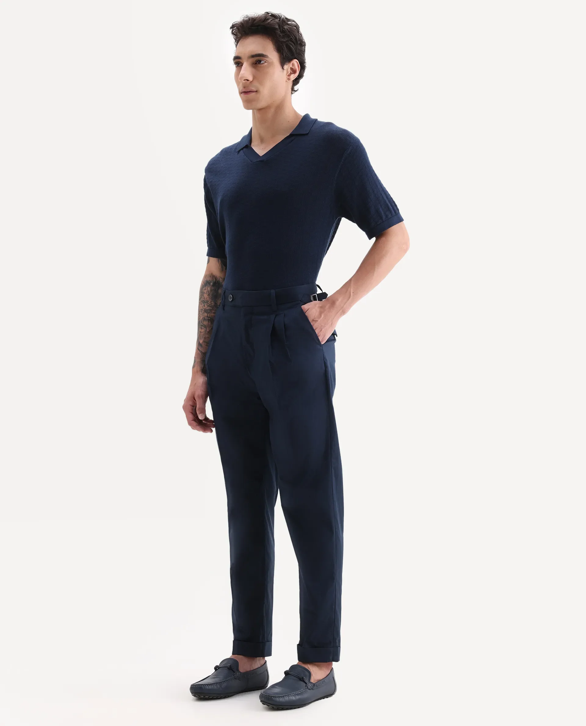 Rare Rabbit Men's Lewit Navy Cotton Plain Regular Fit Trouser - Image 5
