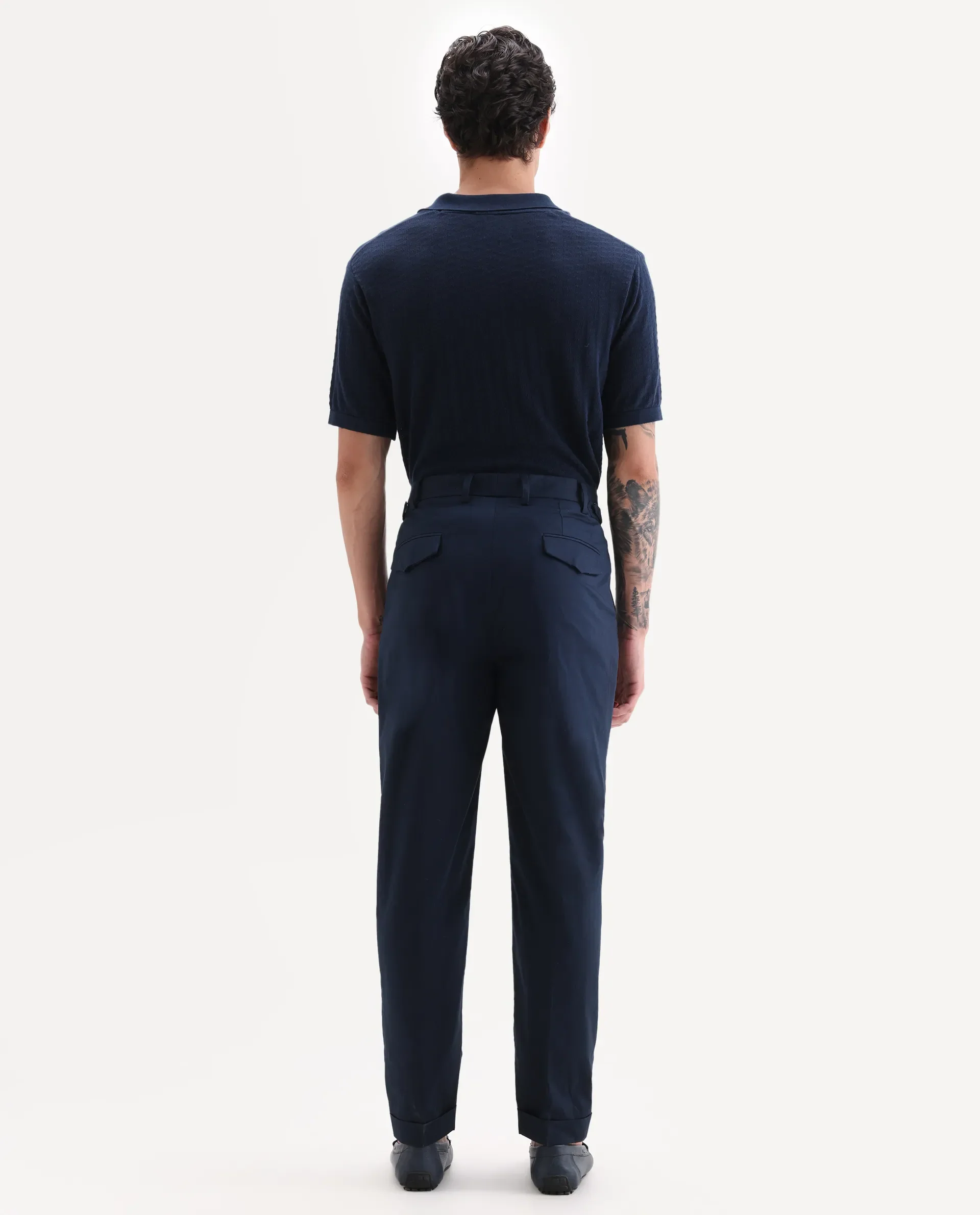 Rare Rabbit Men's Lewit Navy Cotton Plain Regular Fit Trouser - Image 7
