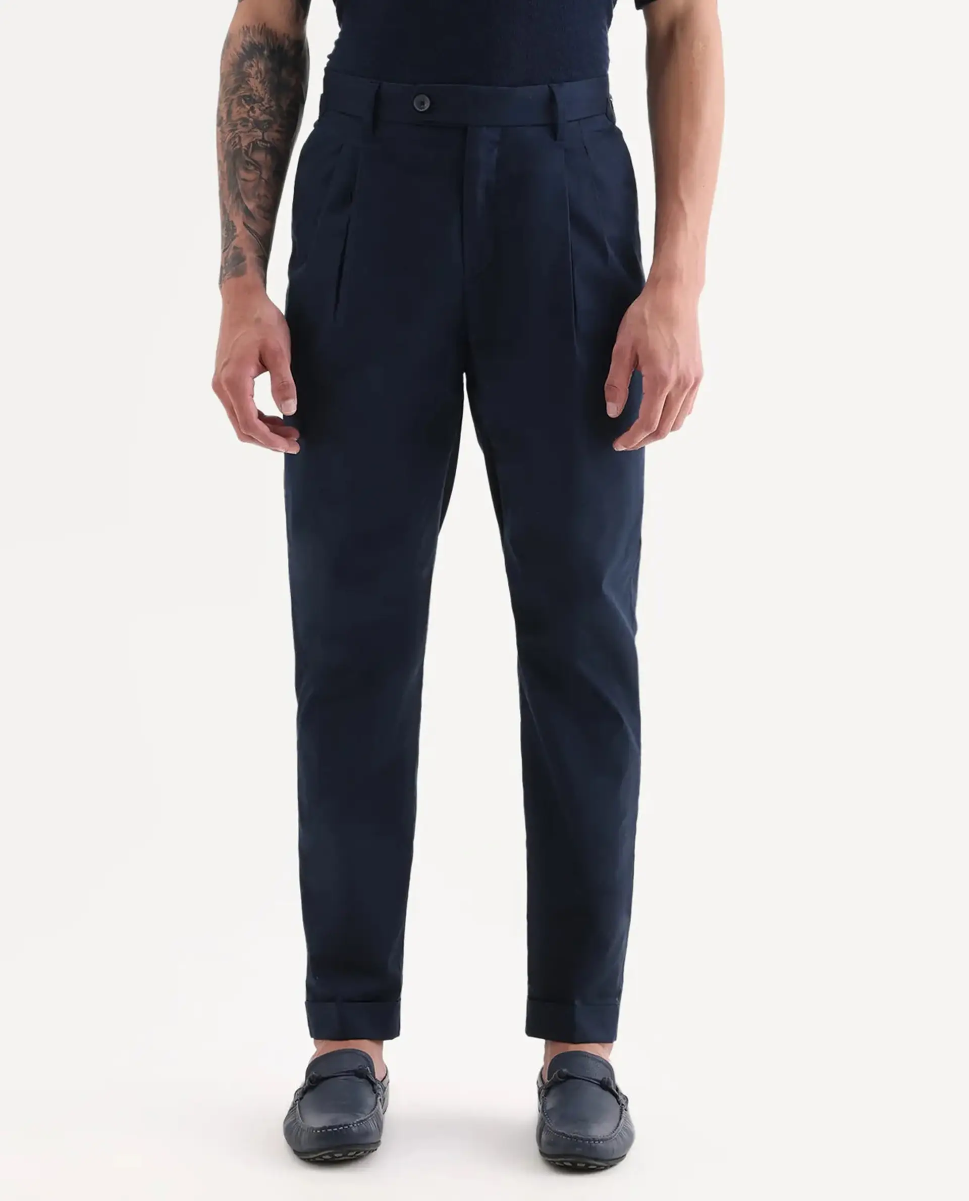 Rare Rabbit Men's Lewit Navy Cotton Plain Regular Fit Trouser - Image 8