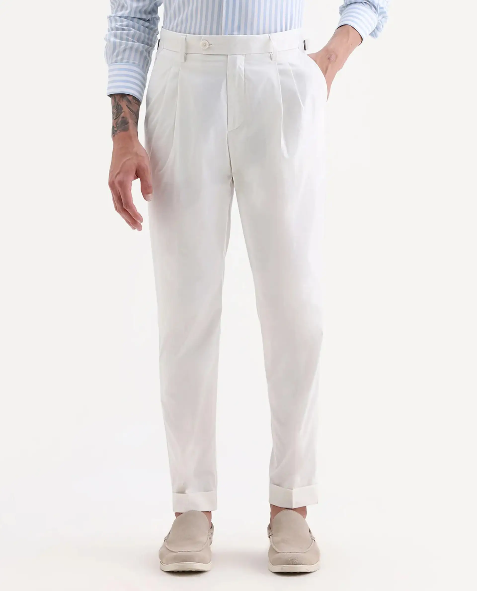 Rare Rabbit Men's Lewit Off White Cotton Plain Regular Fit Trouser - Image 10