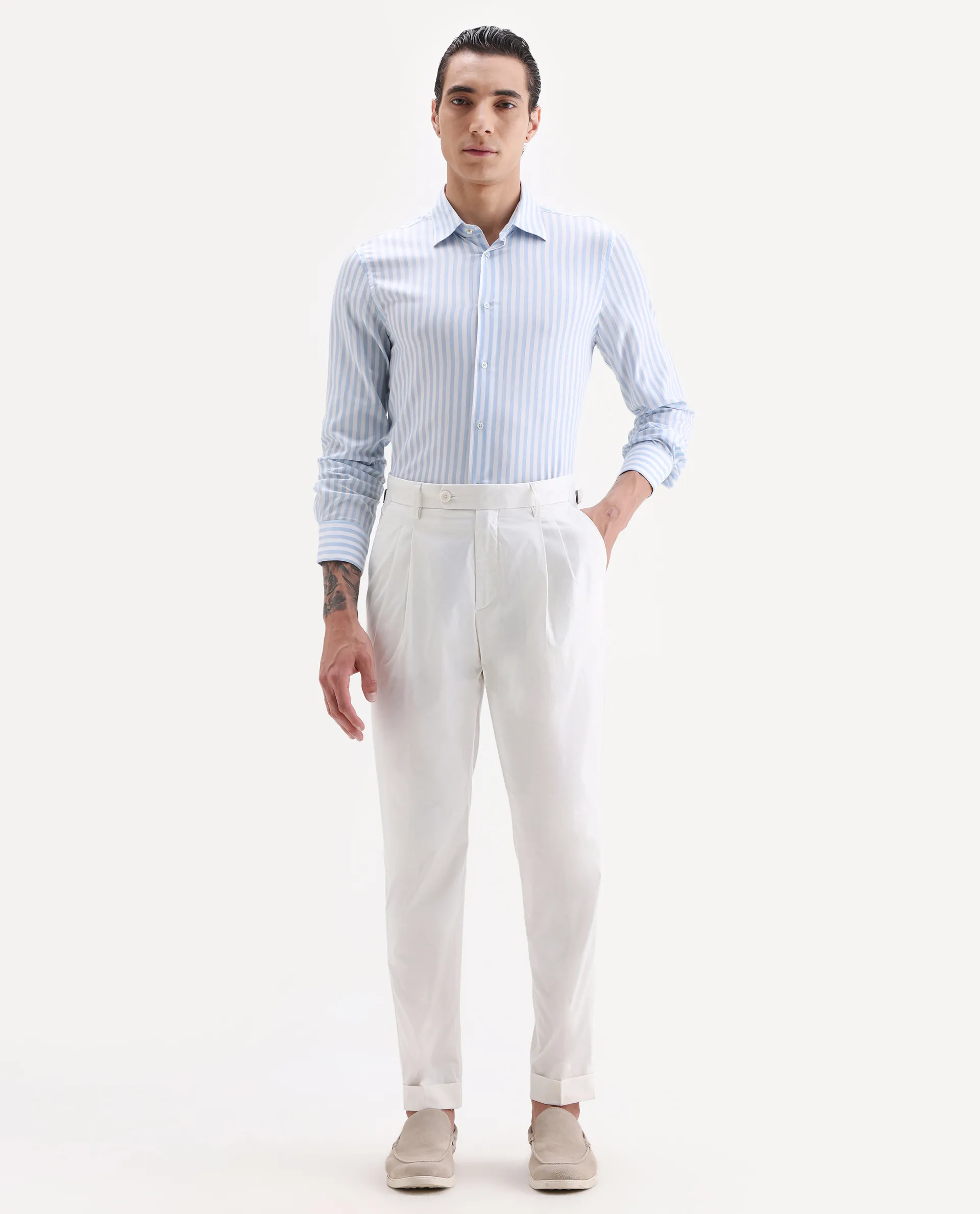 Rare Rabbit Men's Lewit Off White Cotton Plain Regular Fit Trouser - Image 4