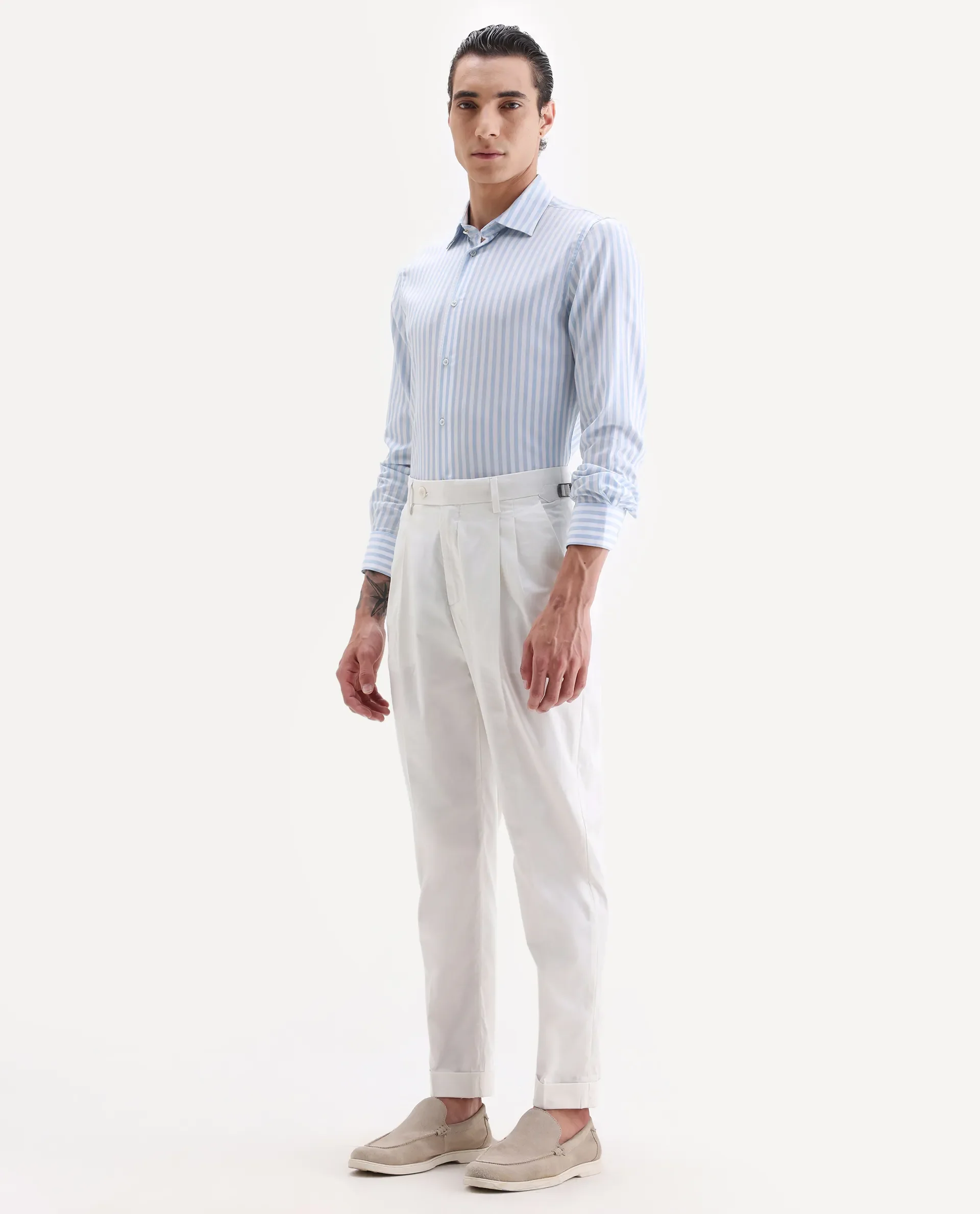 Rare Rabbit Men's Lewit Off White Cotton Plain Regular Fit Trouser - Image 5