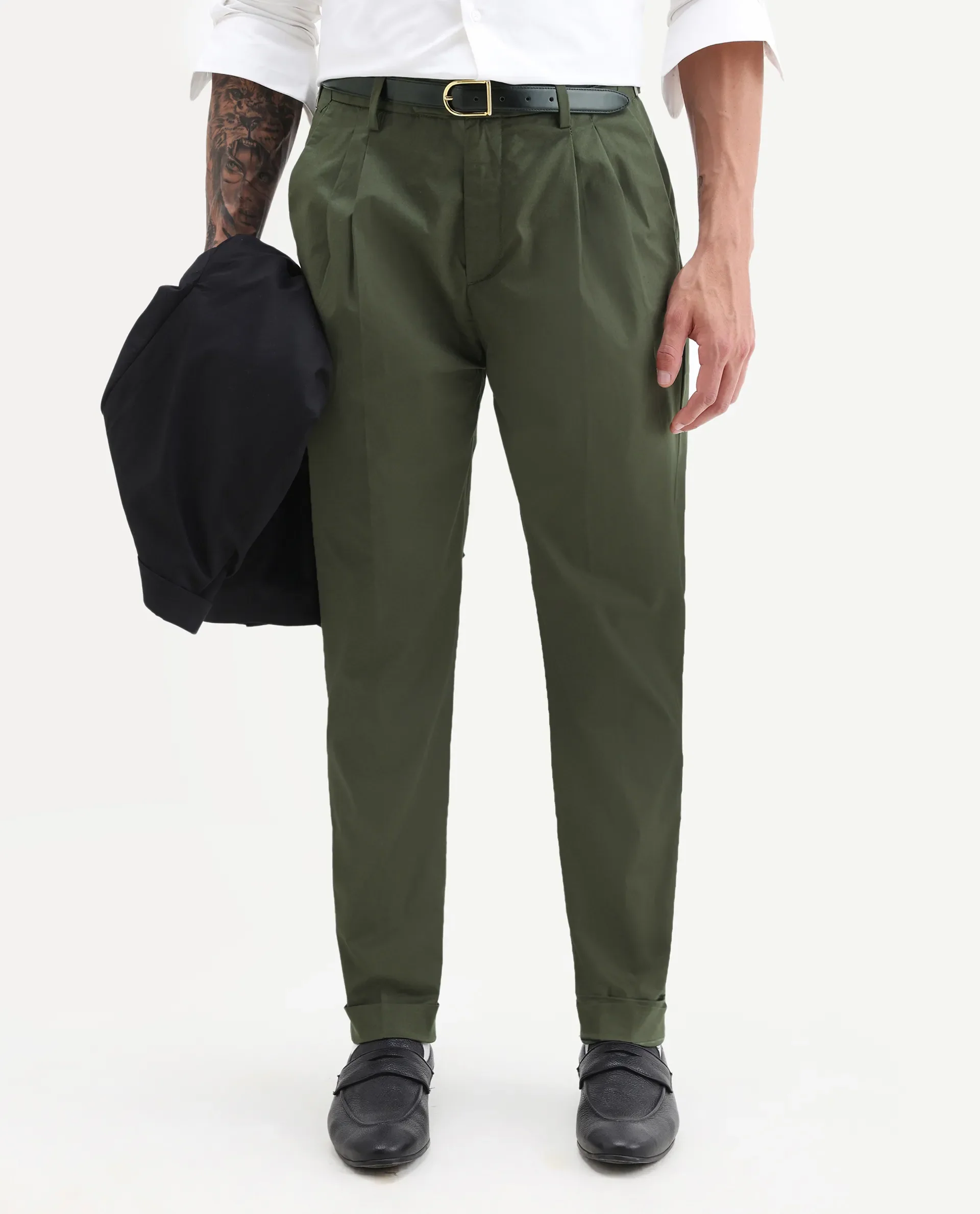Rare Rabbit Men's Lewit Olive Cotton Plain Regular Fit Trouser - Image 2