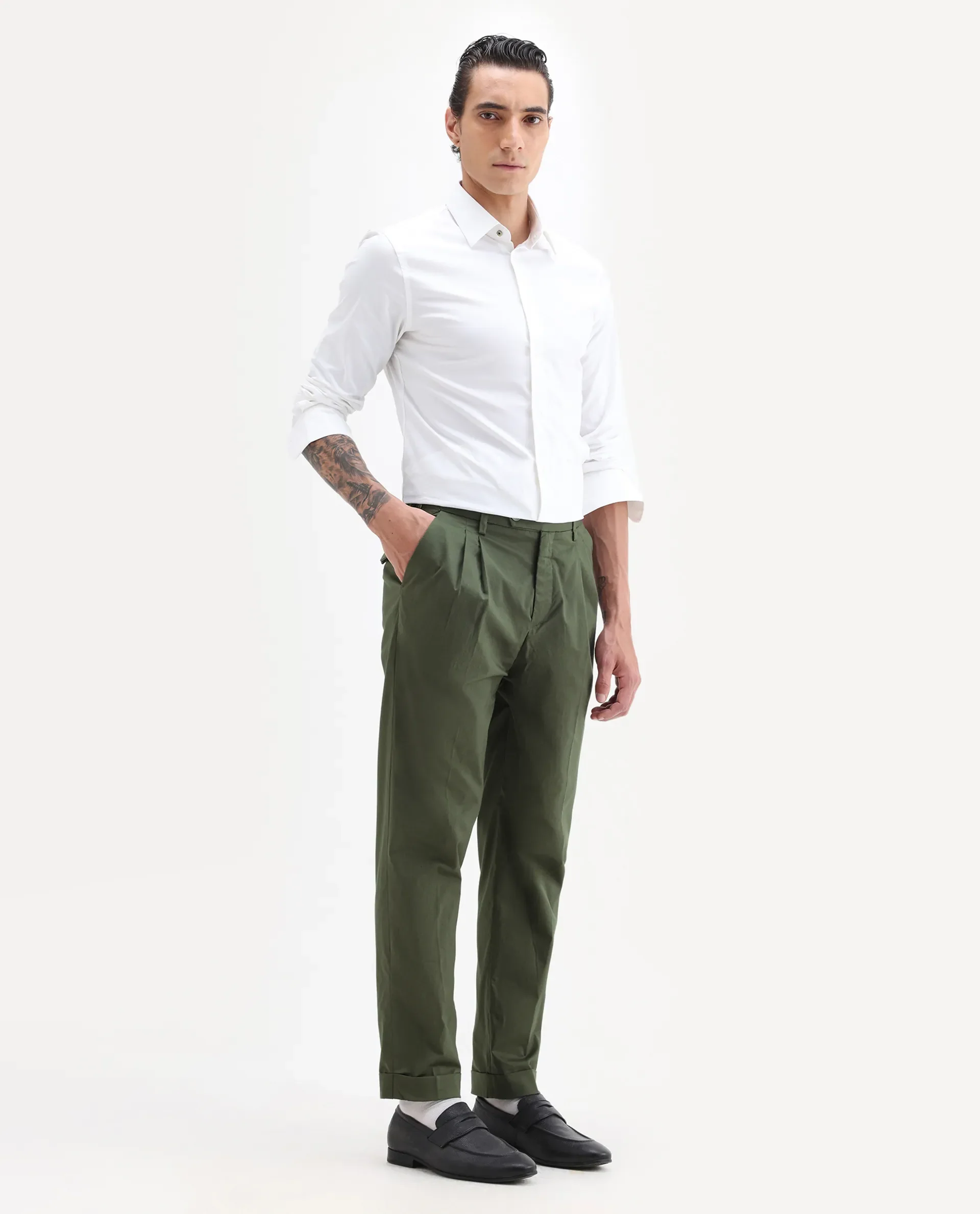 Rare Rabbit Men's Lewit Olive Cotton Plain Regular Fit Trouser - Image 4