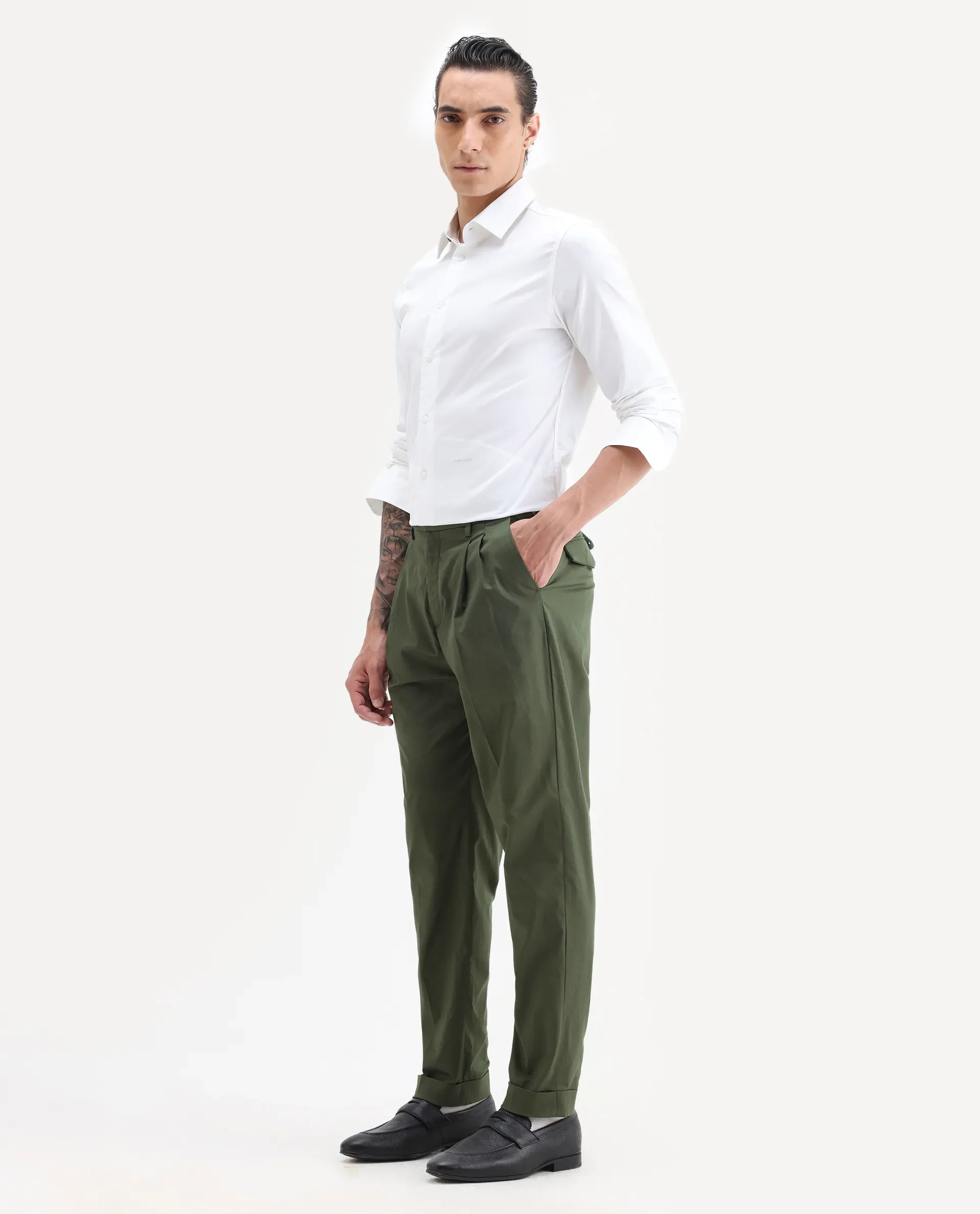 Rare Rabbit Men's Lewit Olive Cotton Plain Regular Fit Trouser - Image 5
