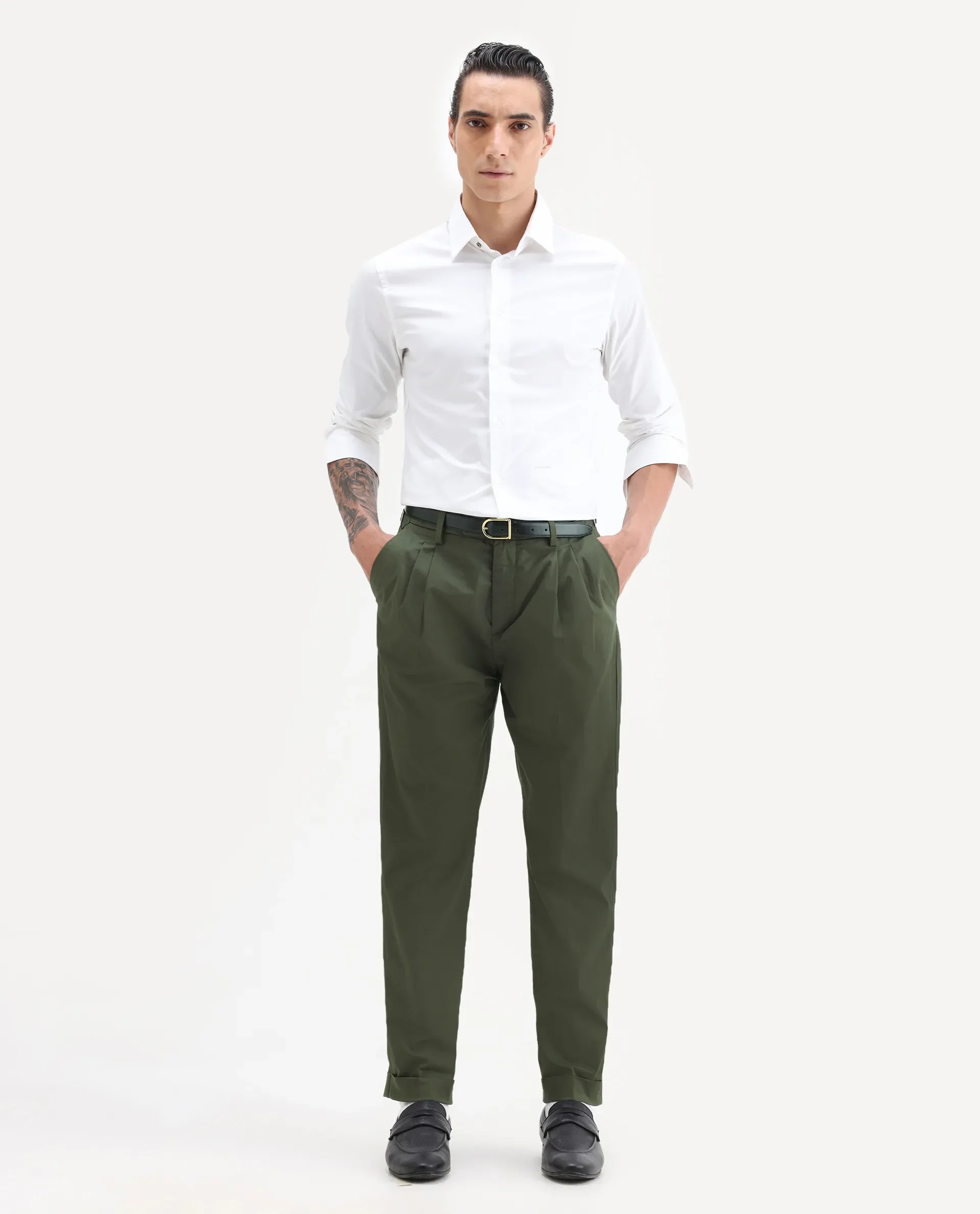 Rare Rabbit Men's Lewit Olive Cotton Plain Regular Fit Trouser - Image 6