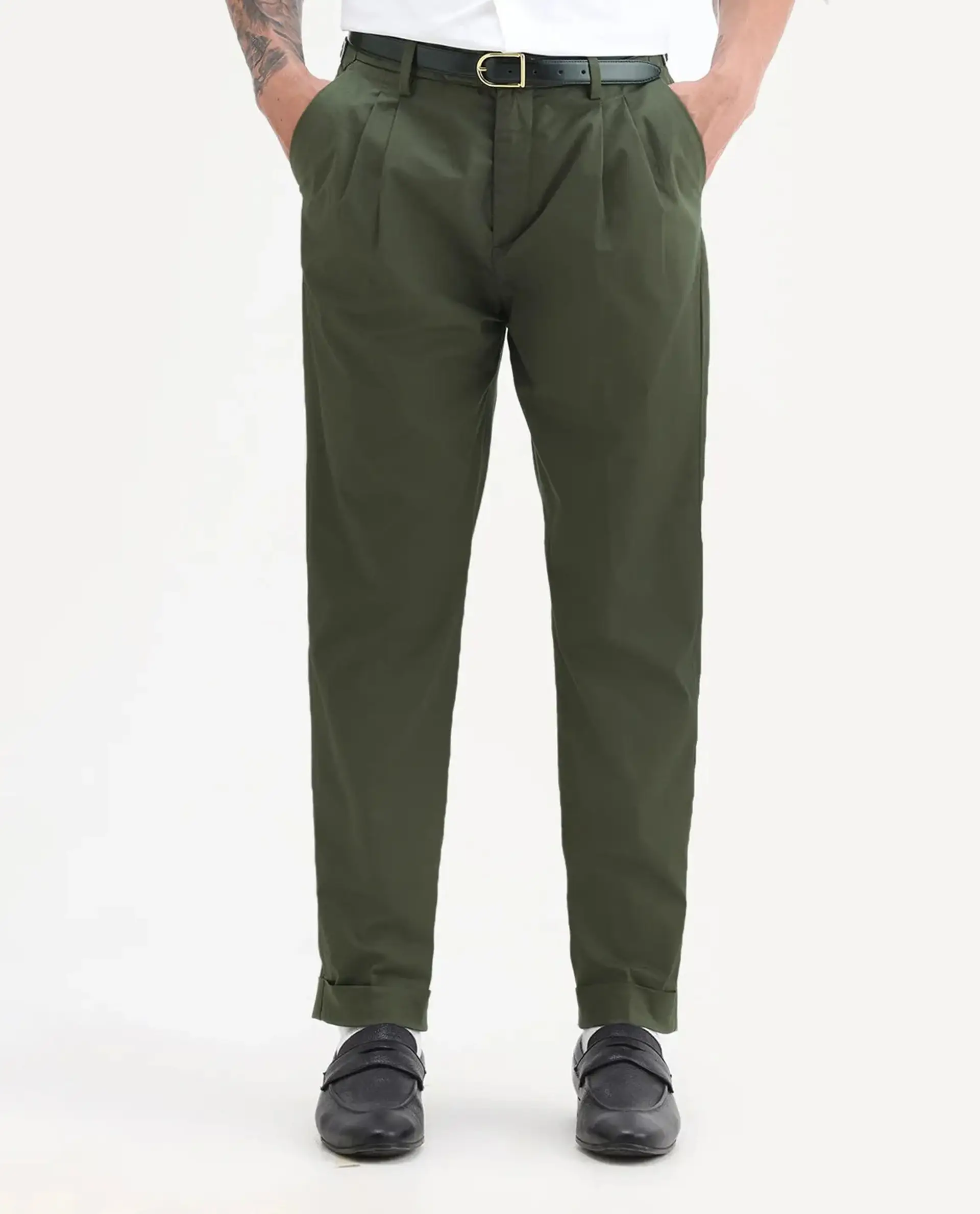 Rare Rabbit Men's Lewit Olive Cotton Plain Regular Fit Trouser - Image 9