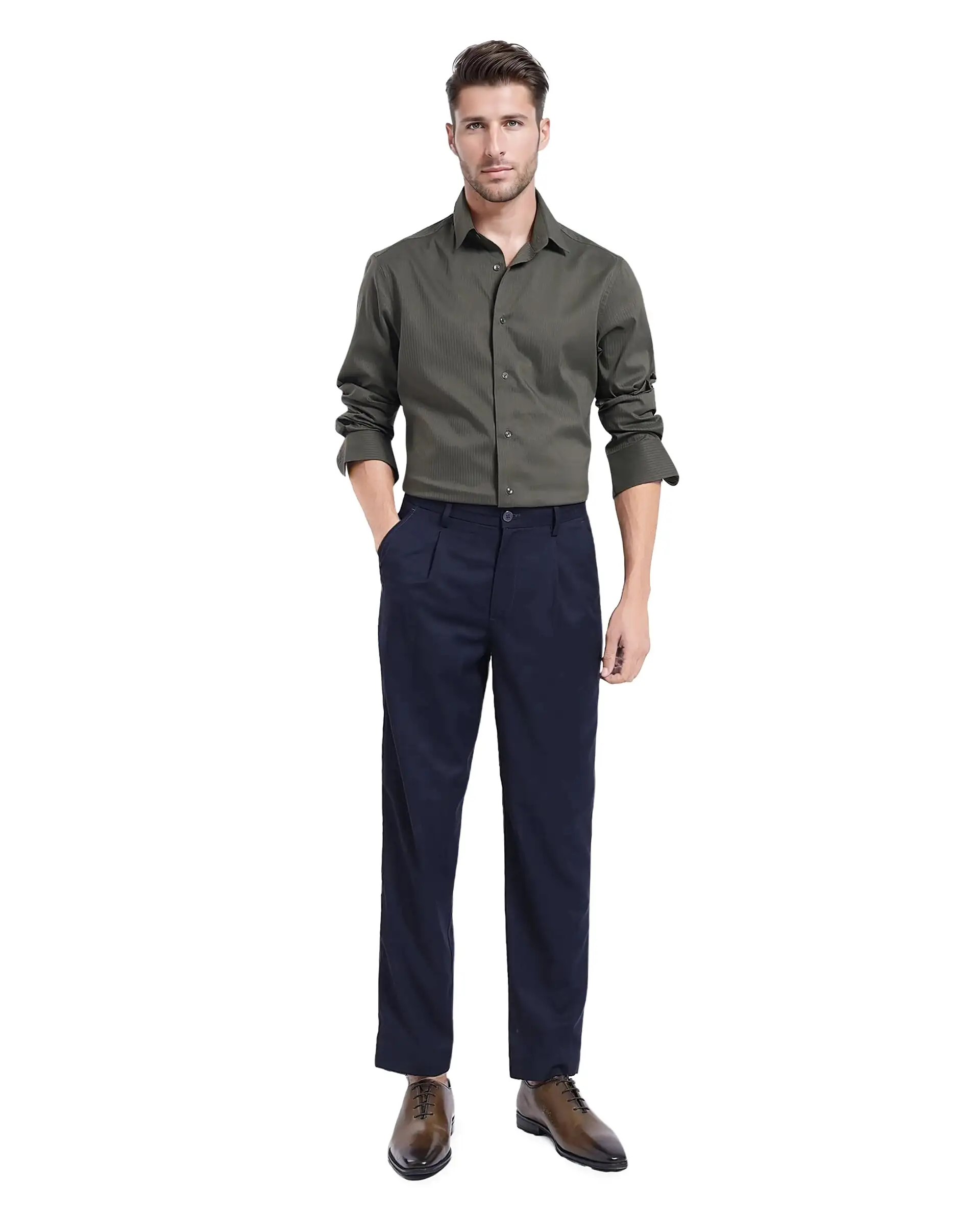Rare Rabbit Men's Lews Dark Olive Cotton Plain Regular Fit Full Sleeve Collared Shirt - Image 2