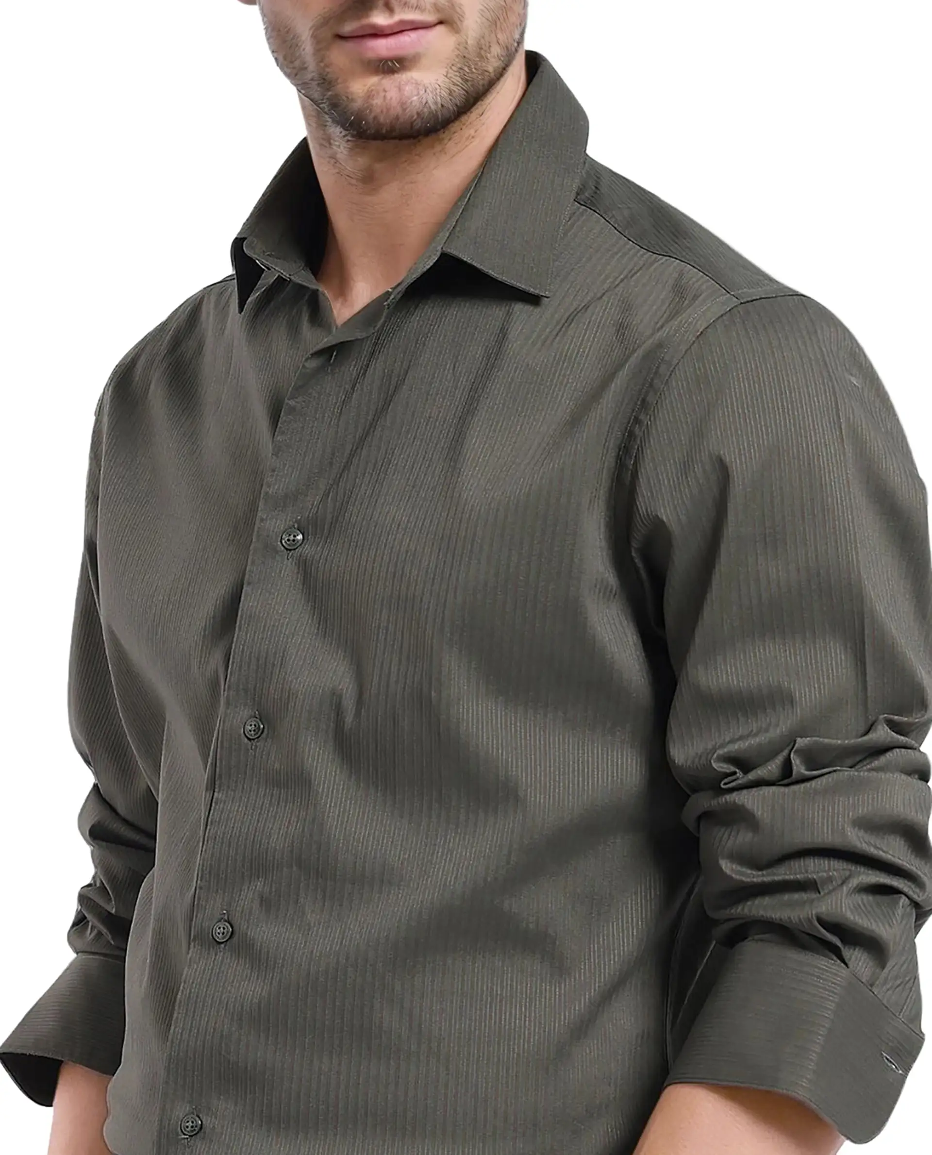 Rare Rabbit Men's Lews Dark Olive Cotton Plain Regular Fit Full Sleeve Collared Shirt - Image 3