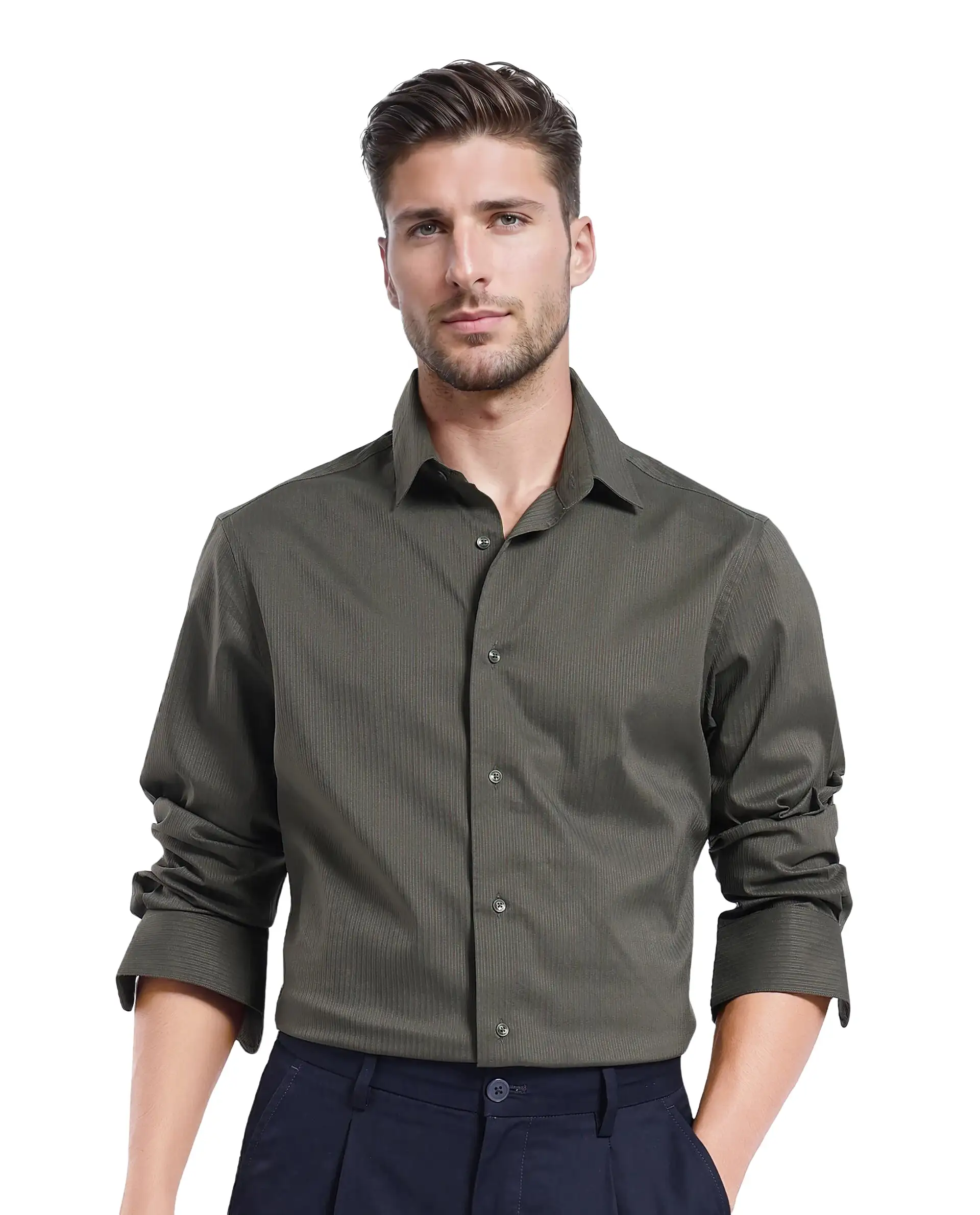 Rare Rabbit Men's Lews Dark Olive Cotton Plain Regular Fit Full Sleeve Collared Shirt - Image 5