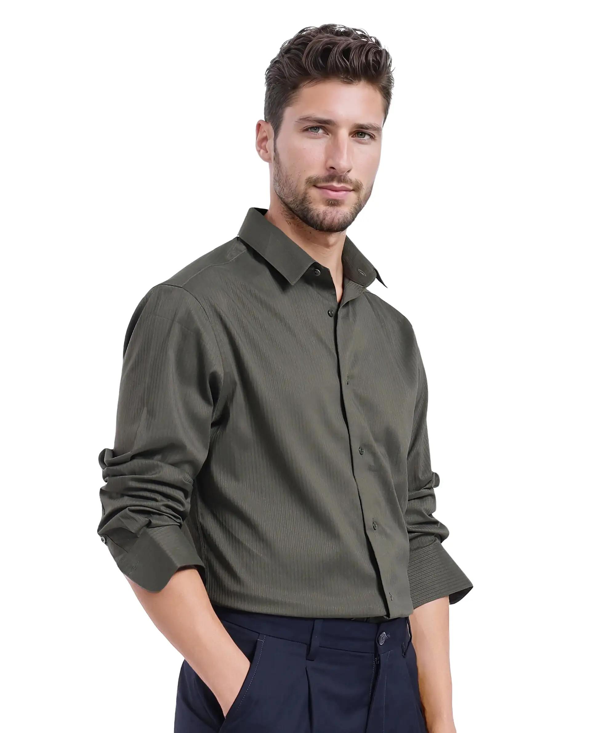 Rare Rabbit Men's Lews Dark Olive Cotton Plain Regular Fit Full Sleeve Collared Shirt - Image 7