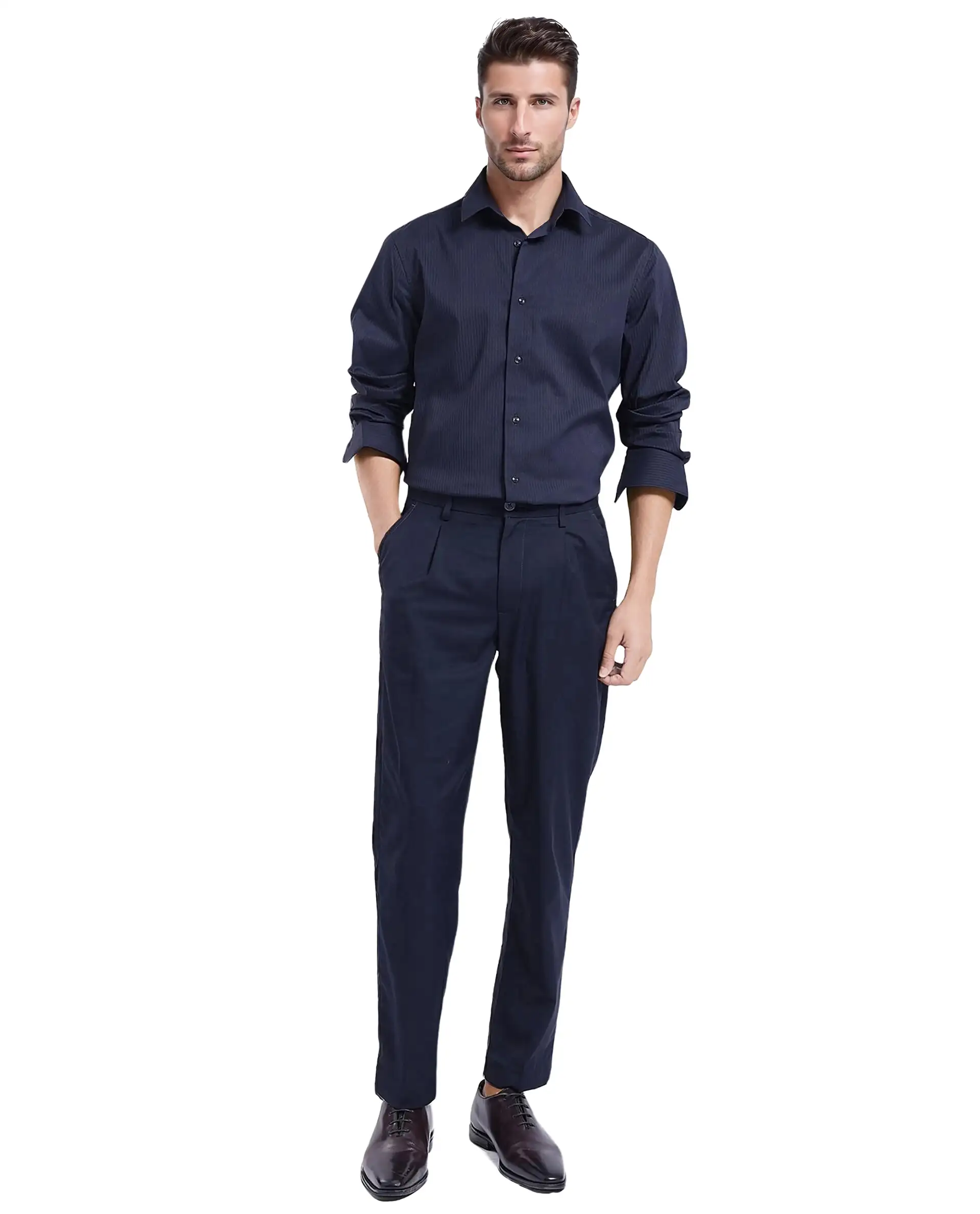 Rare Rabbit Men's Lews Navy Cotton Plain Regular Fit Full Sleeve Collared Shirt - Image 2
