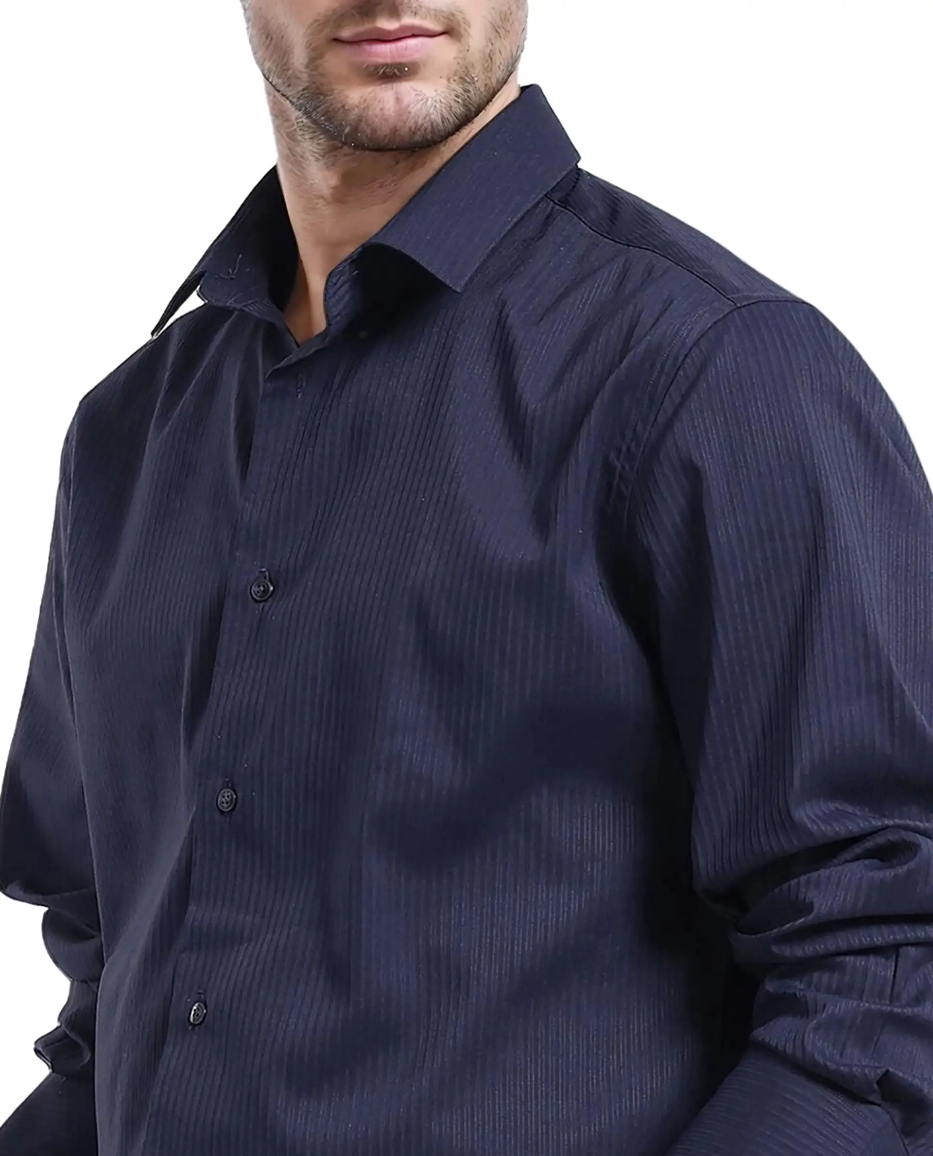 Rare Rabbit Men's Lews Navy Cotton Plain Regular Fit Full Sleeve Collared Shirt - Image 3