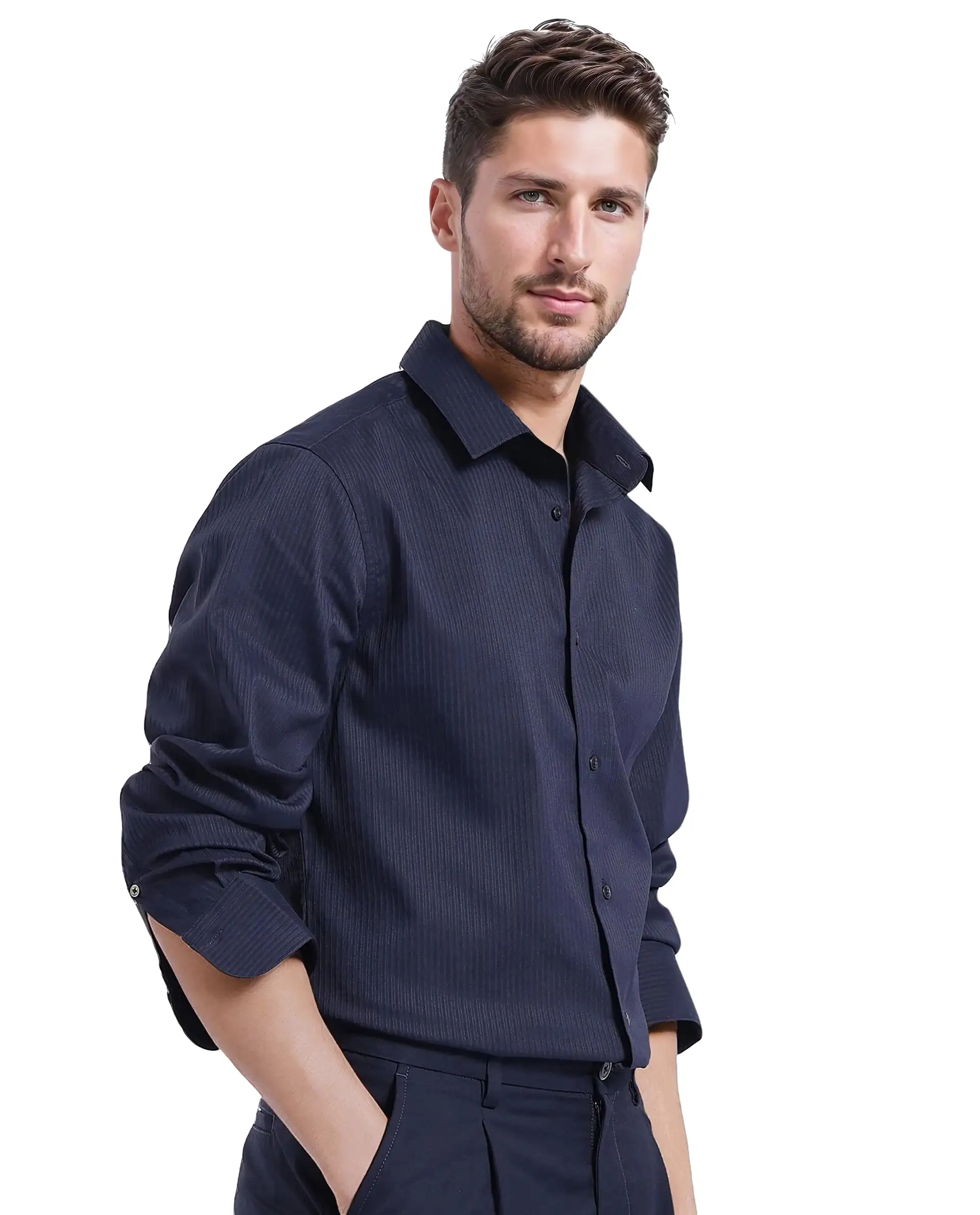 Rare Rabbit Men's Lews Navy Cotton Plain Regular Fit Full Sleeve Collared Shirt - Image 6
