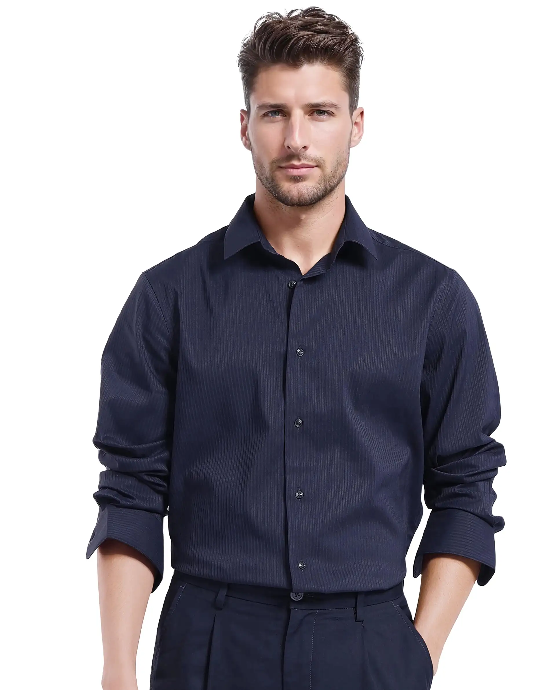 Rare Rabbit Men's Lews Navy Cotton Plain Regular Fit Full Sleeve Collared Shirt - Image 8