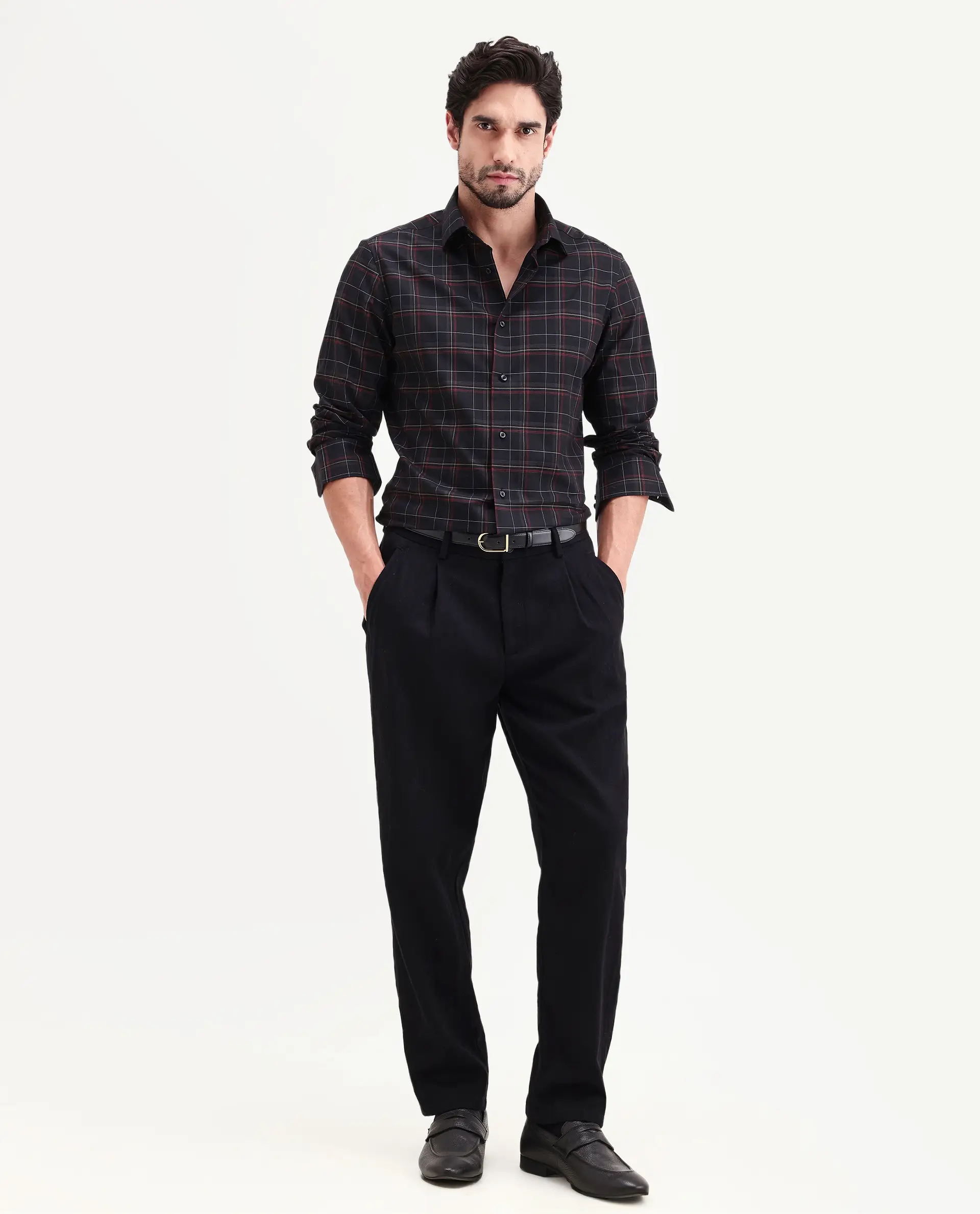Rare Rabbit Men's Lewto Black Cotton Full Sleeve Spread Collar Regular Fit Checked Shirt - Image 2
