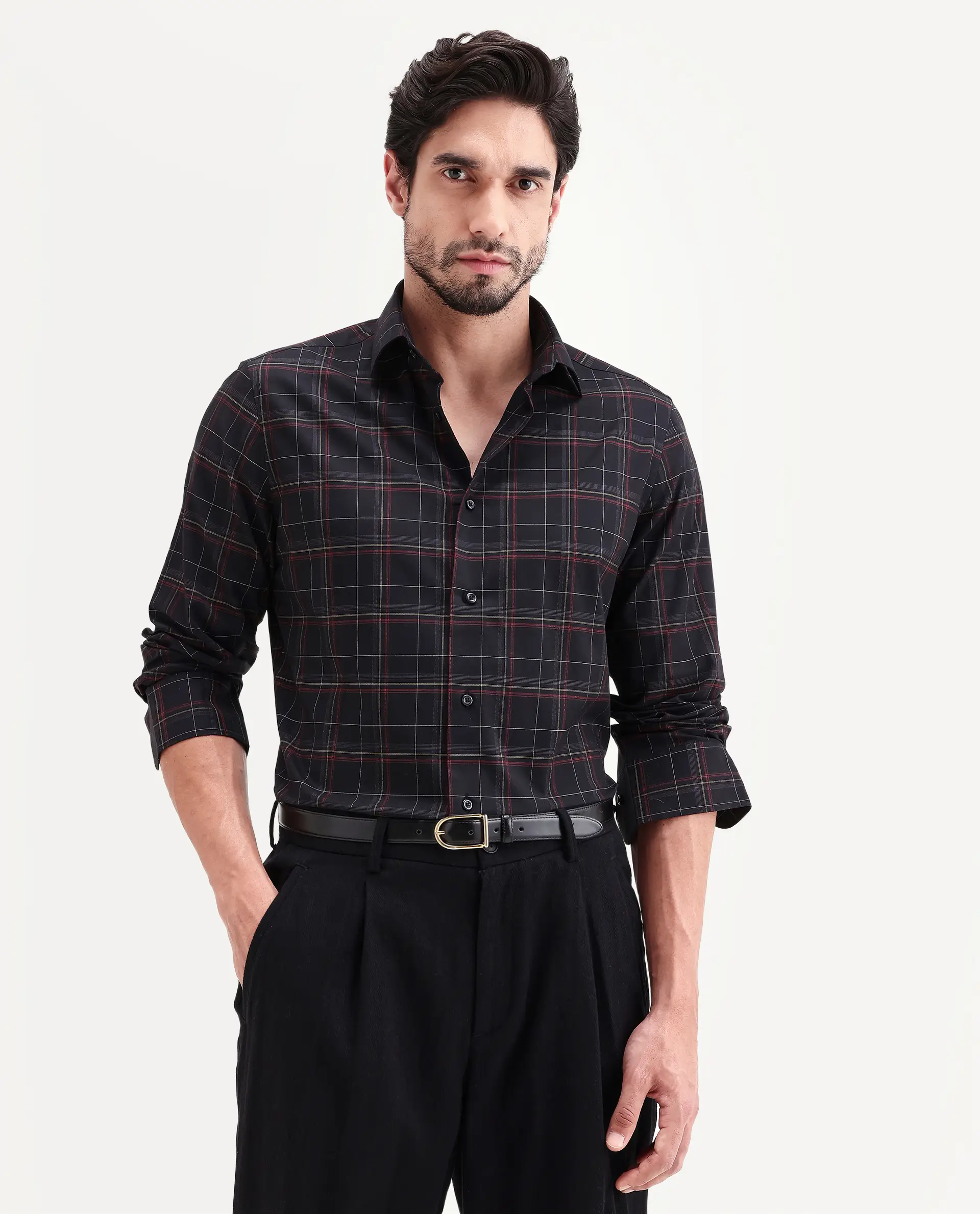 Rare Rabbit Men's Lewto Black Cotton Full Sleeve Spread Collar Regular Fit Checked Shirt - Image 4