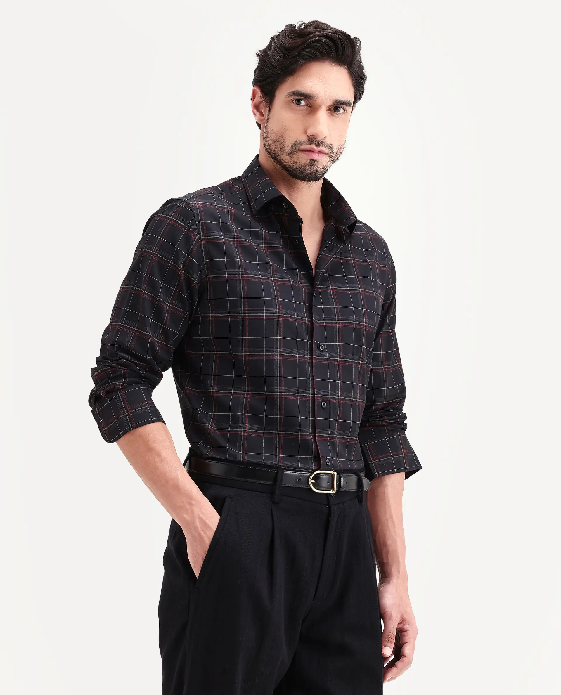 Rare Rabbit Men's Lewto Black Cotton Full Sleeve Spread Collar Regular Fit Checked Shirt - Image 5