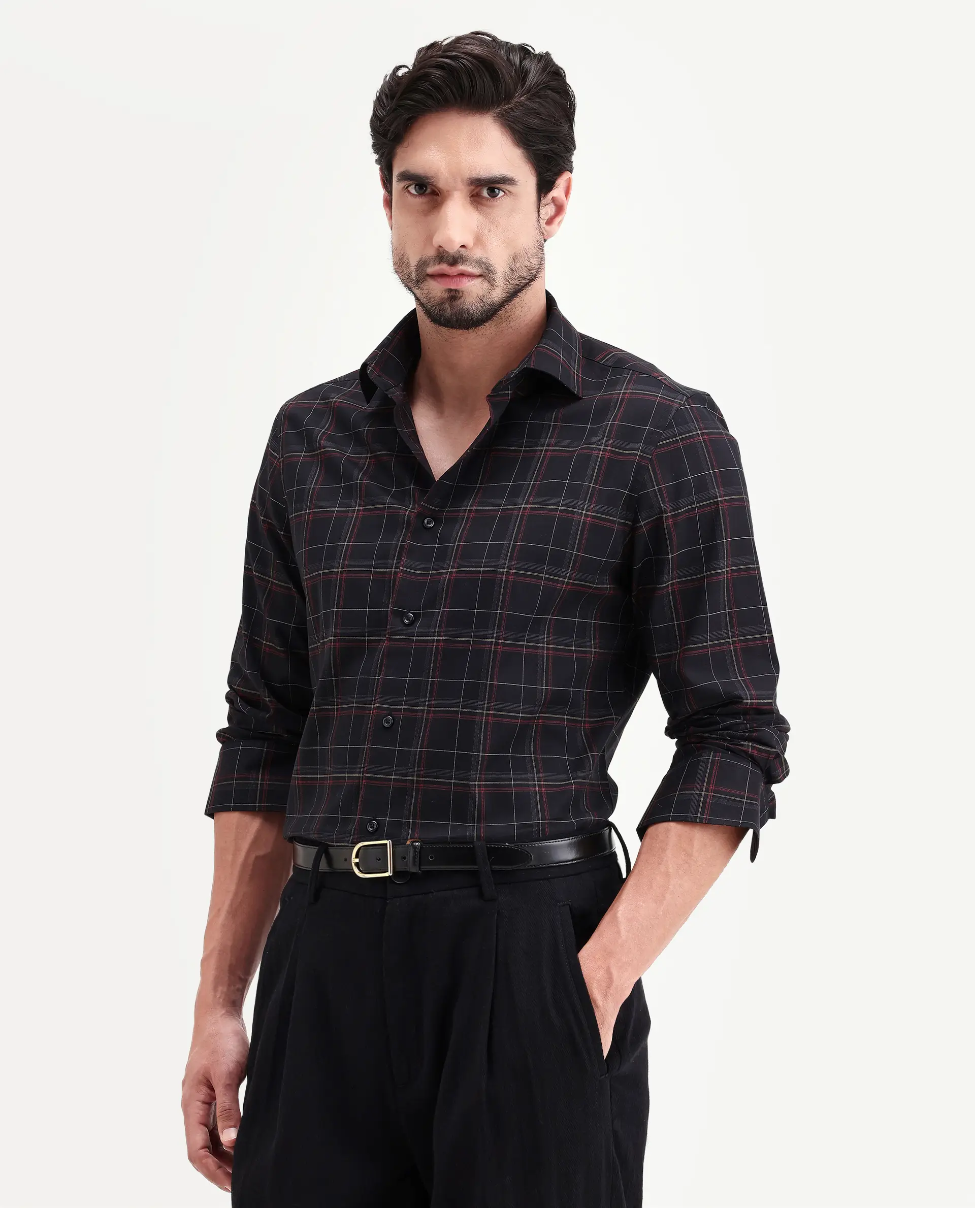 Rare Rabbit Men's Lewto Black Cotton Full Sleeve Spread Collar Regular Fit Checked Shirt - Image 6