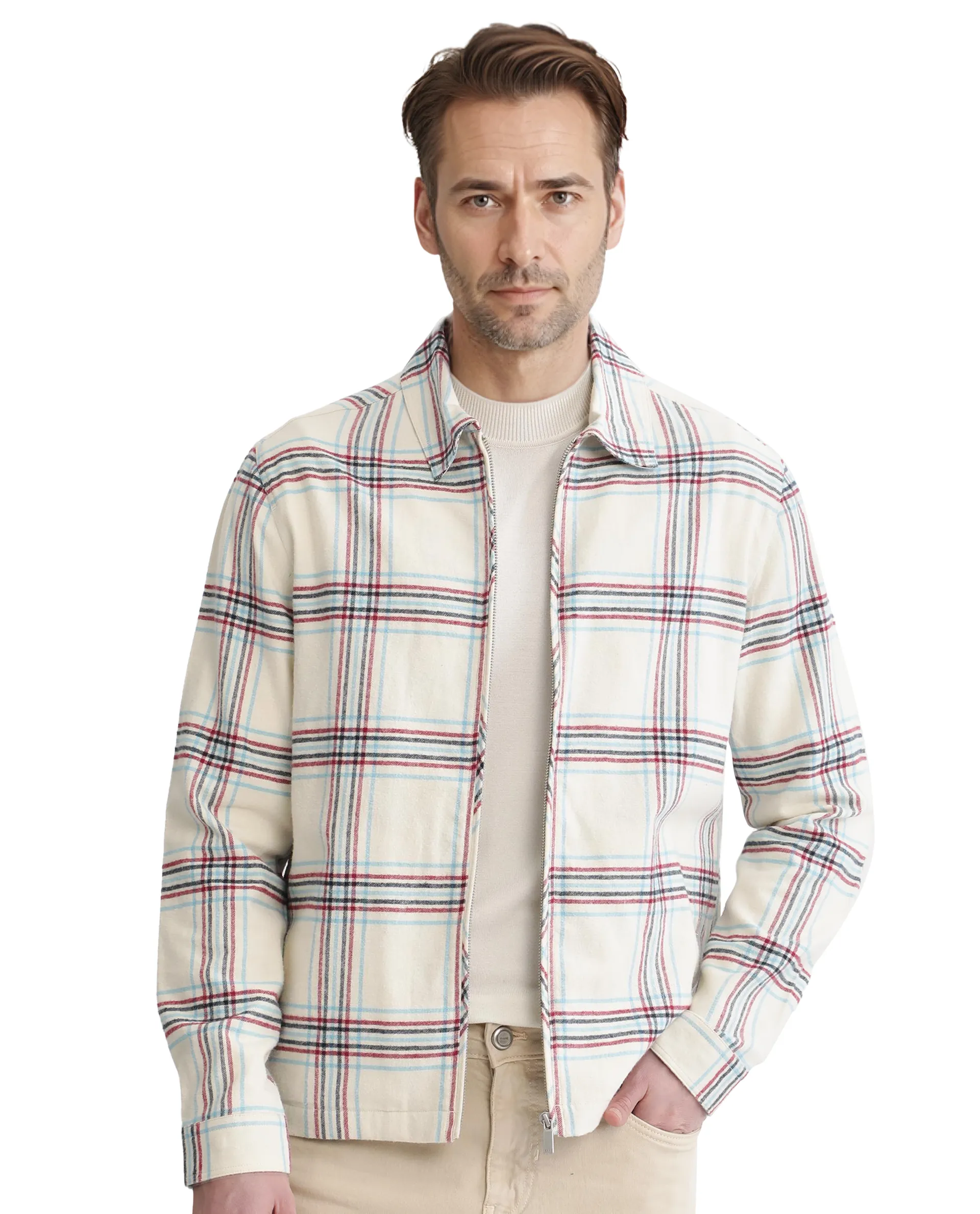 Rare Rabbit Men's Lex Off-White Acrylic Blend Checked Print Regular Fit Full Sleeve Collared Shacket - Image 3