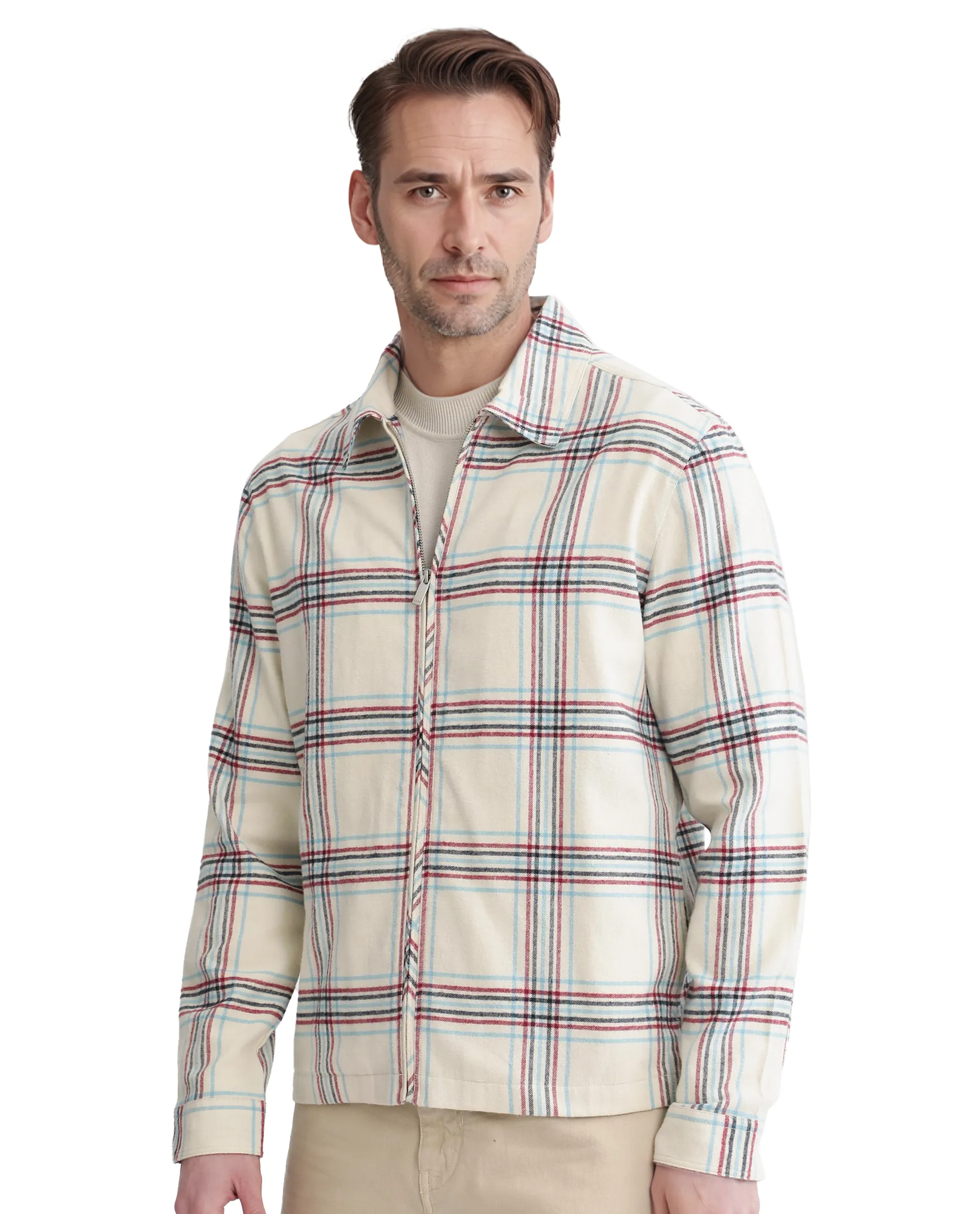 Rare Rabbit Men's Lex Off-White Acrylic Blend Checked Print Regular Fit Full Sleeve Collared Shacket - Image 4