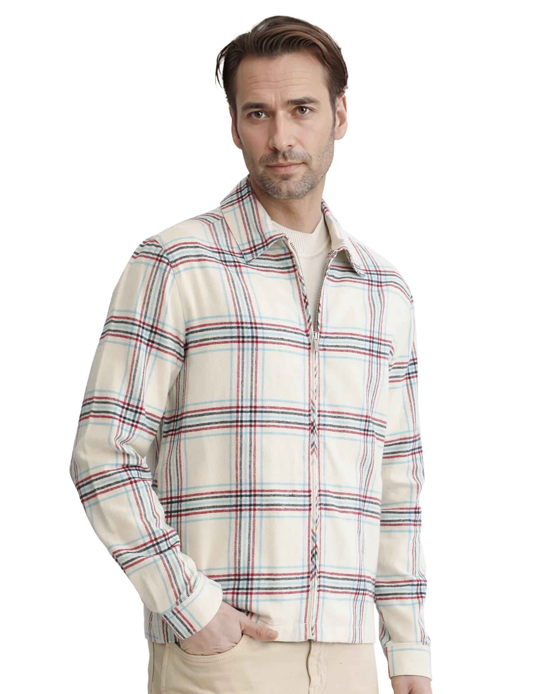 Rare Rabbit Men's Lex Off-White Acrylic Blend Checked Print Regular Fit Full Sleeve Collared Shacket - Image 5