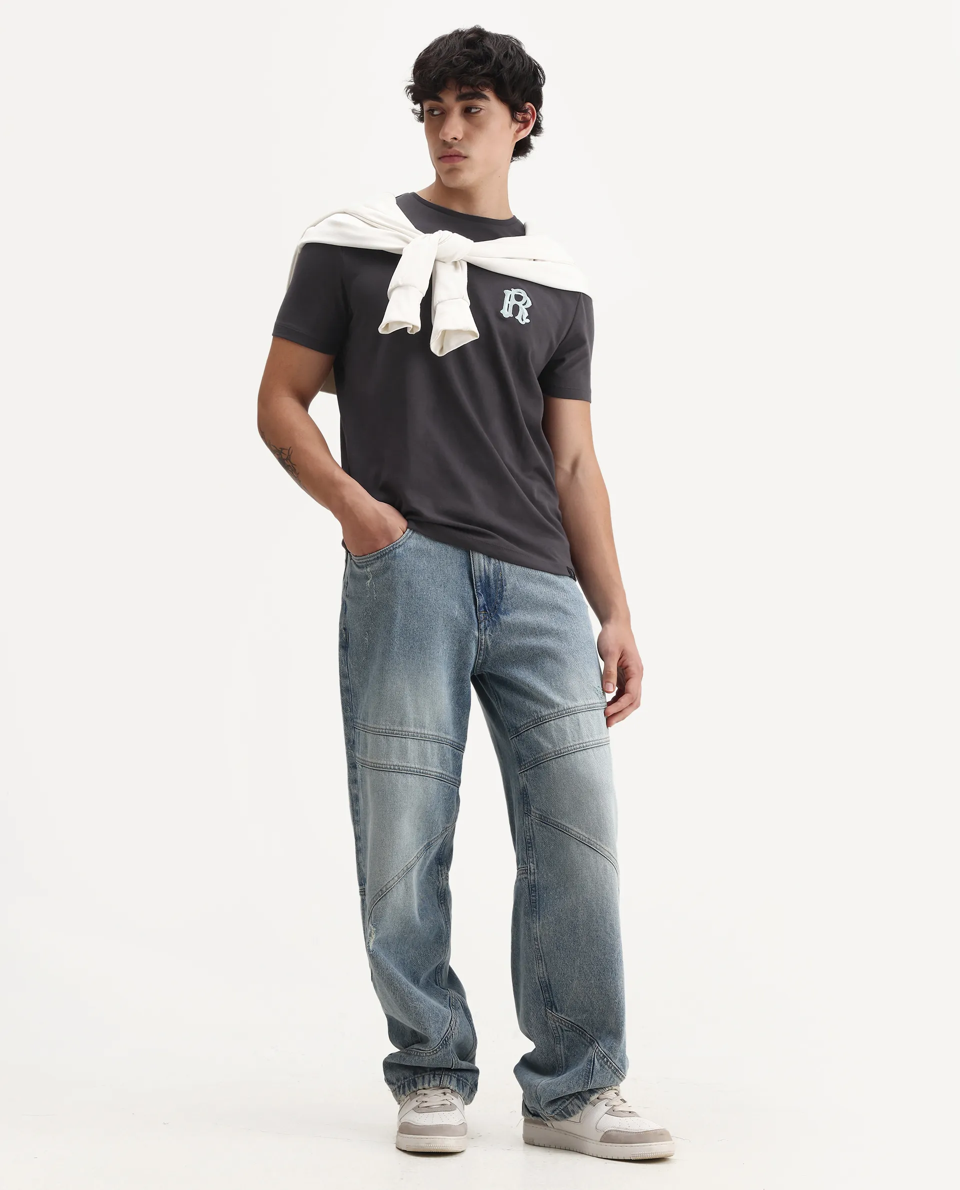 Rare Rabbit Men's Lex Dark Grey Cotton Embroidered Oversized Fit Half Sleeve Crew Neck T-Shirt - Image 2