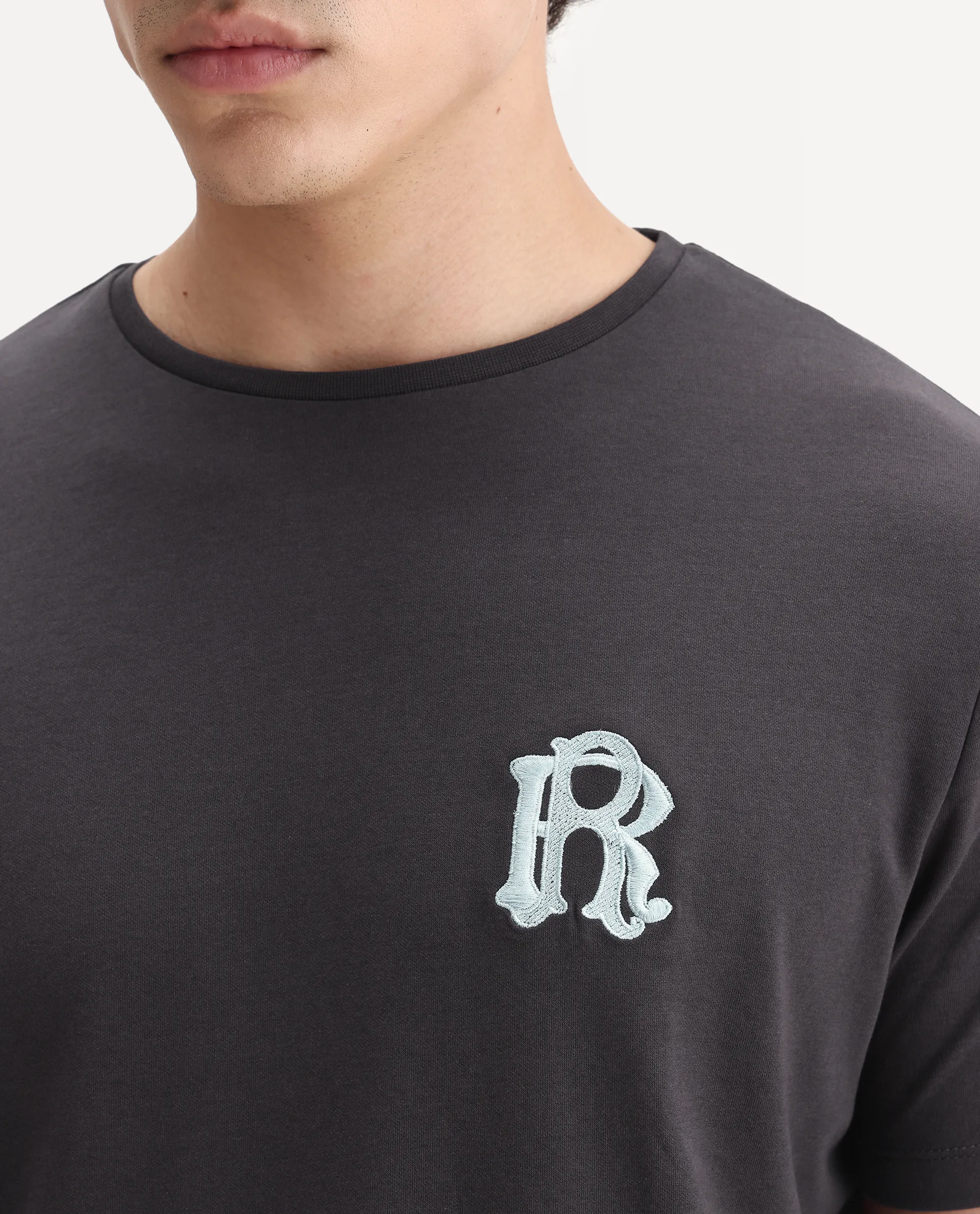 Rare Rabbit Men's Lex Dark Grey Cotton Embroidered Oversized Fit Half Sleeve Crew Neck T-Shirt - Image 3