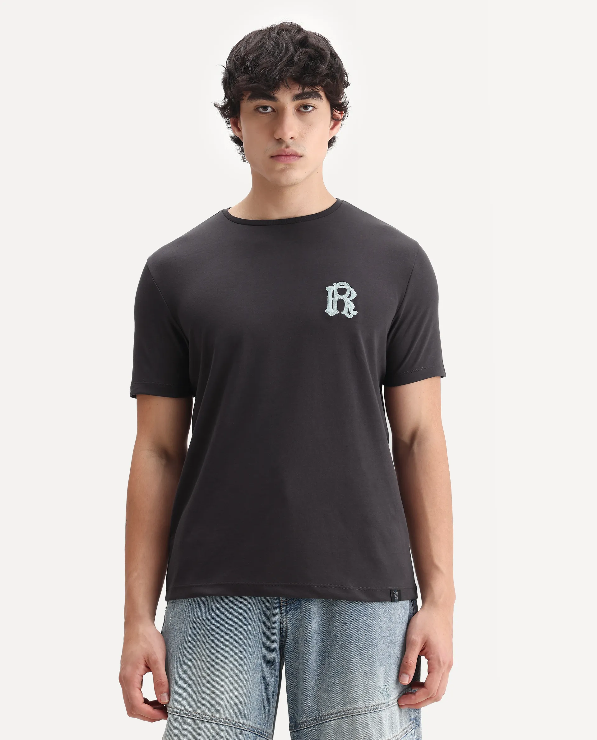 Rare Rabbit Men's Lex Dark Grey Cotton Embroidered Oversized Fit Half Sleeve Crew Neck T-Shirt - Image 4