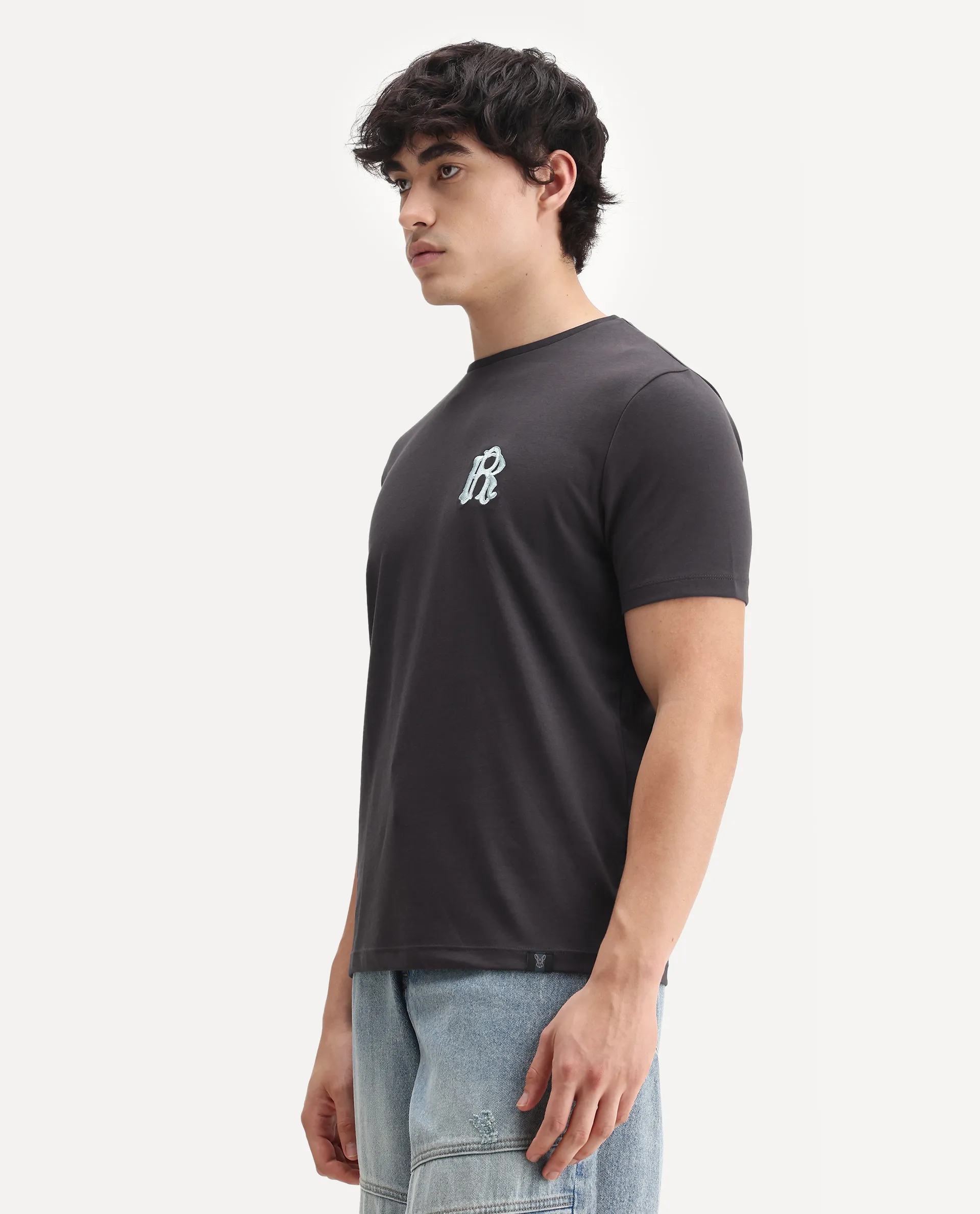 Rare Rabbit Men's Lex Dark Grey Cotton Embroidered Oversized Fit Half Sleeve Crew Neck T-Shirt - Image 5