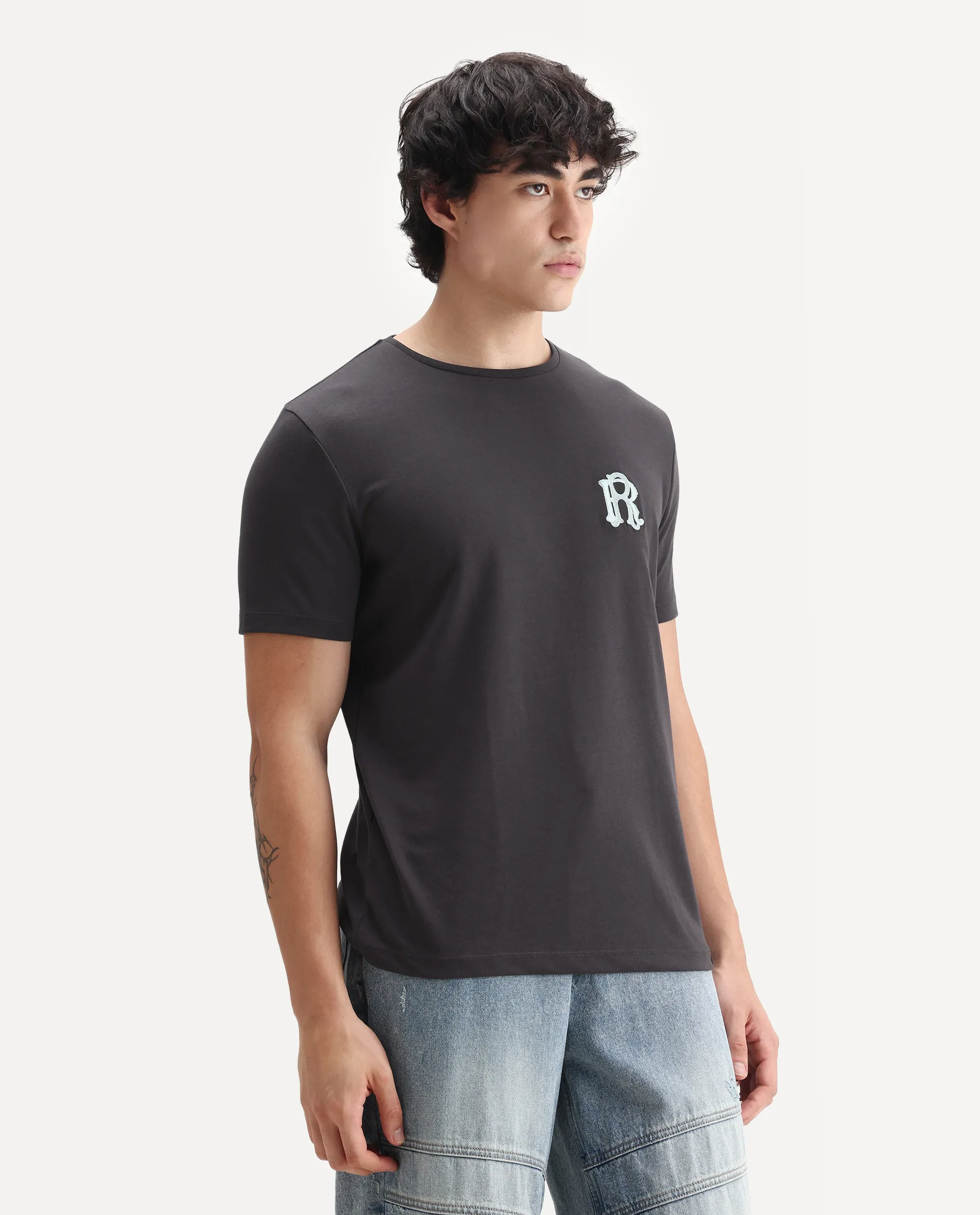 Rare Rabbit Men's Lex Dark Grey Cotton Embroidered Oversized Fit Half Sleeve Crew Neck T-Shirt - Image 6