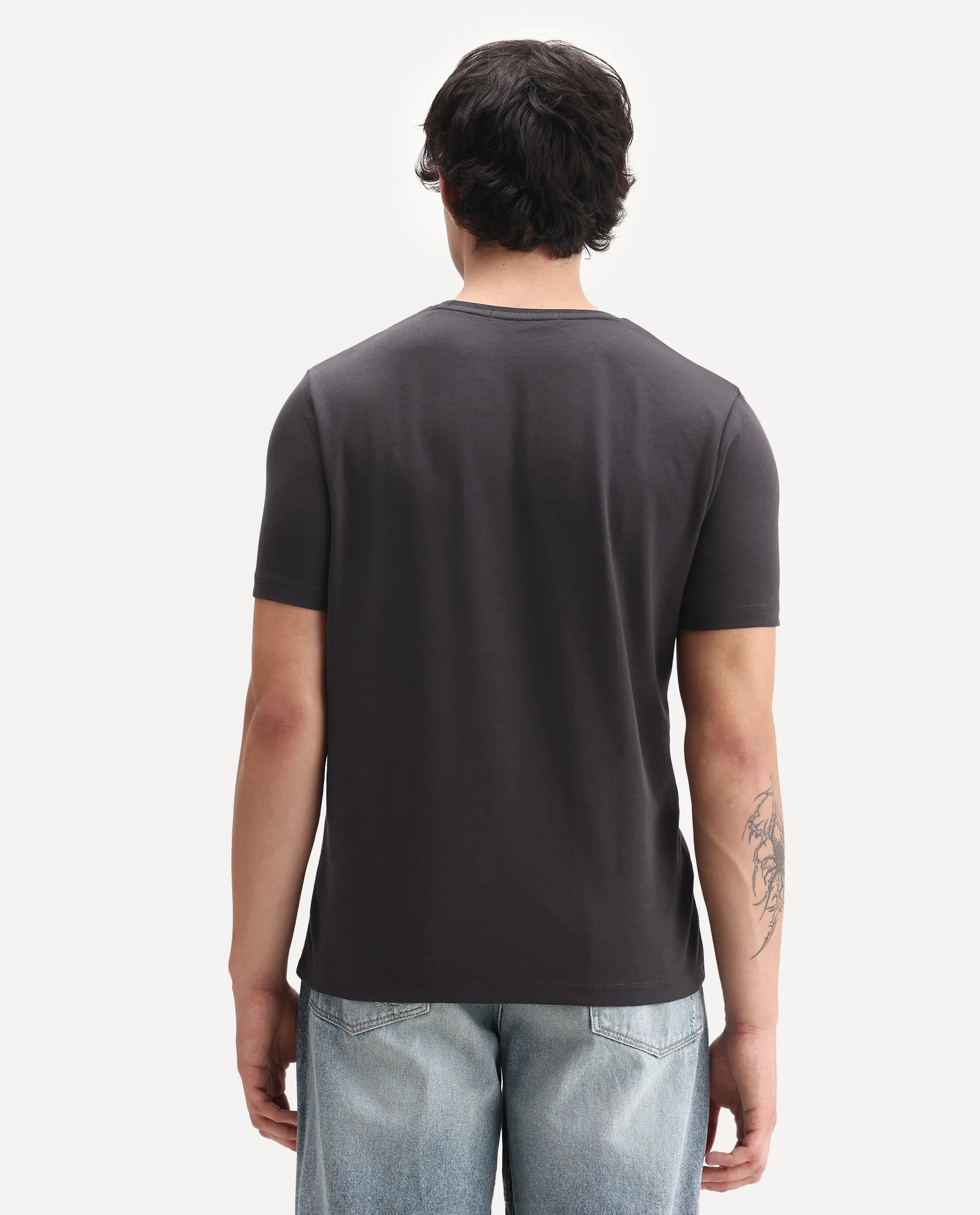 Rare Rabbit Men's Lex Dark Grey Cotton Embroidered Oversized Fit Half Sleeve Crew Neck T-Shirt - Image 7