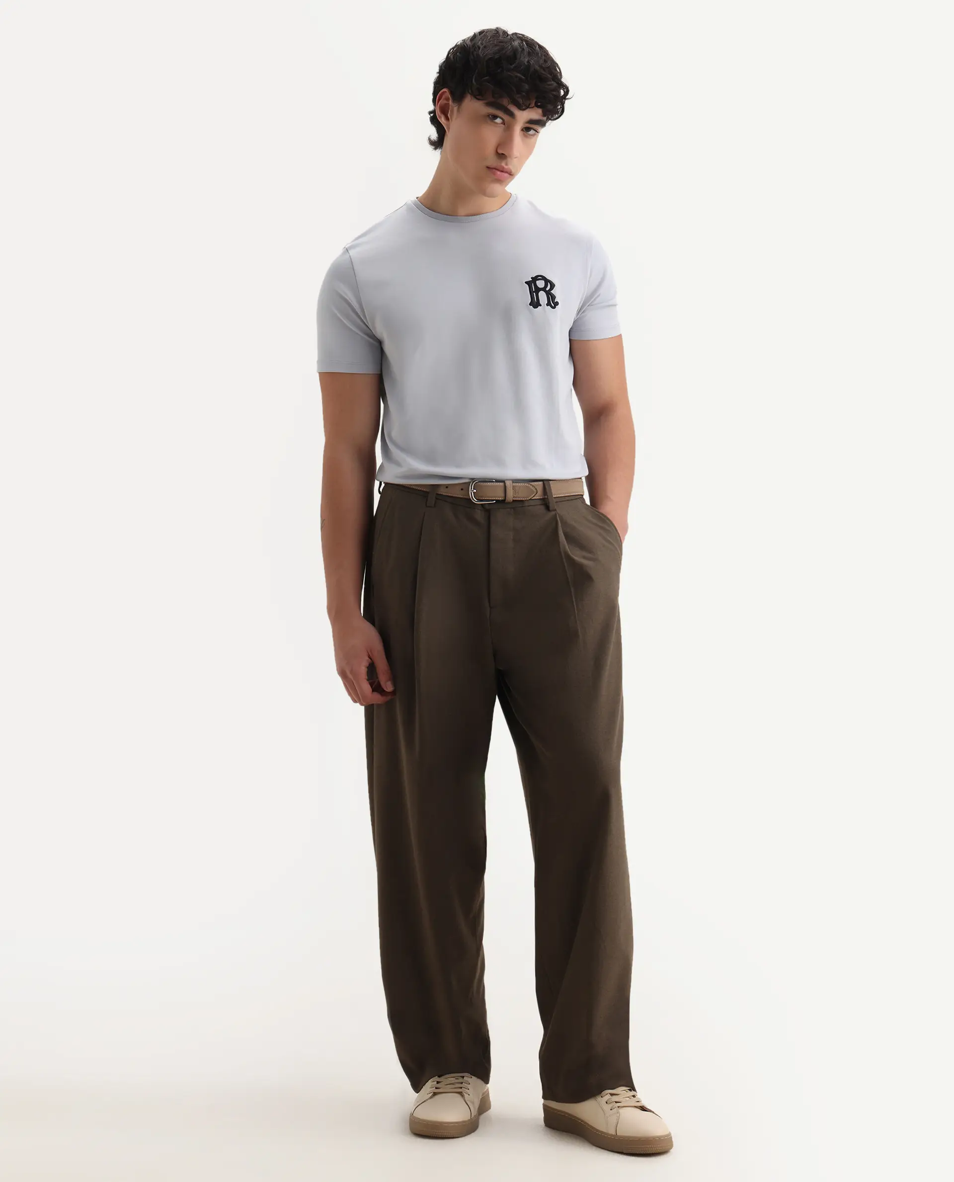 Rare Rabbit Men's Lex Light Grey Cotton Embroidered Oversized Fit Half Sleeve Crew Neck T-Shirt - Image 2