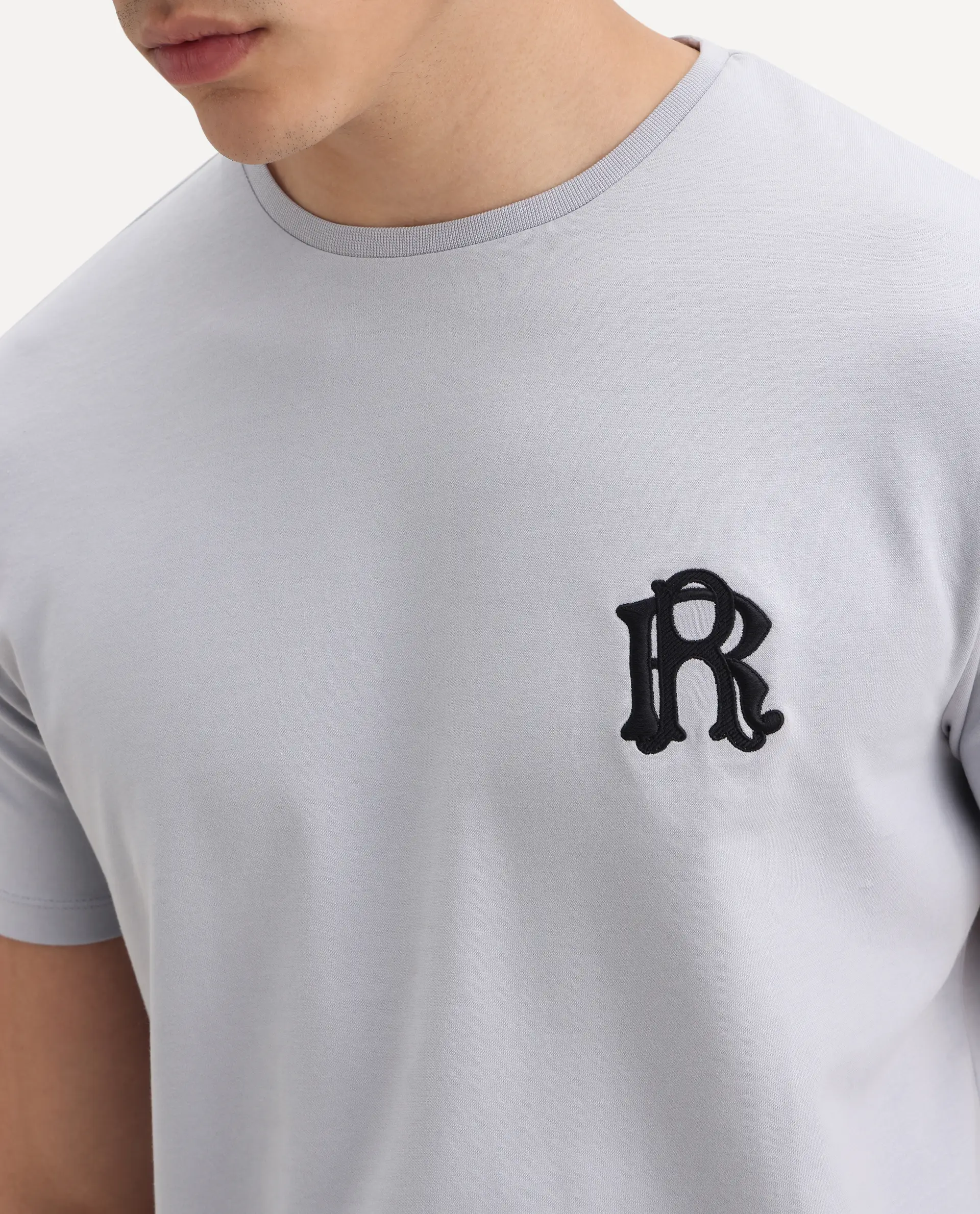 Rare Rabbit Men's Lex Light Grey Cotton Embroidered Oversized Fit Half Sleeve Crew Neck T-Shirt - Image 3