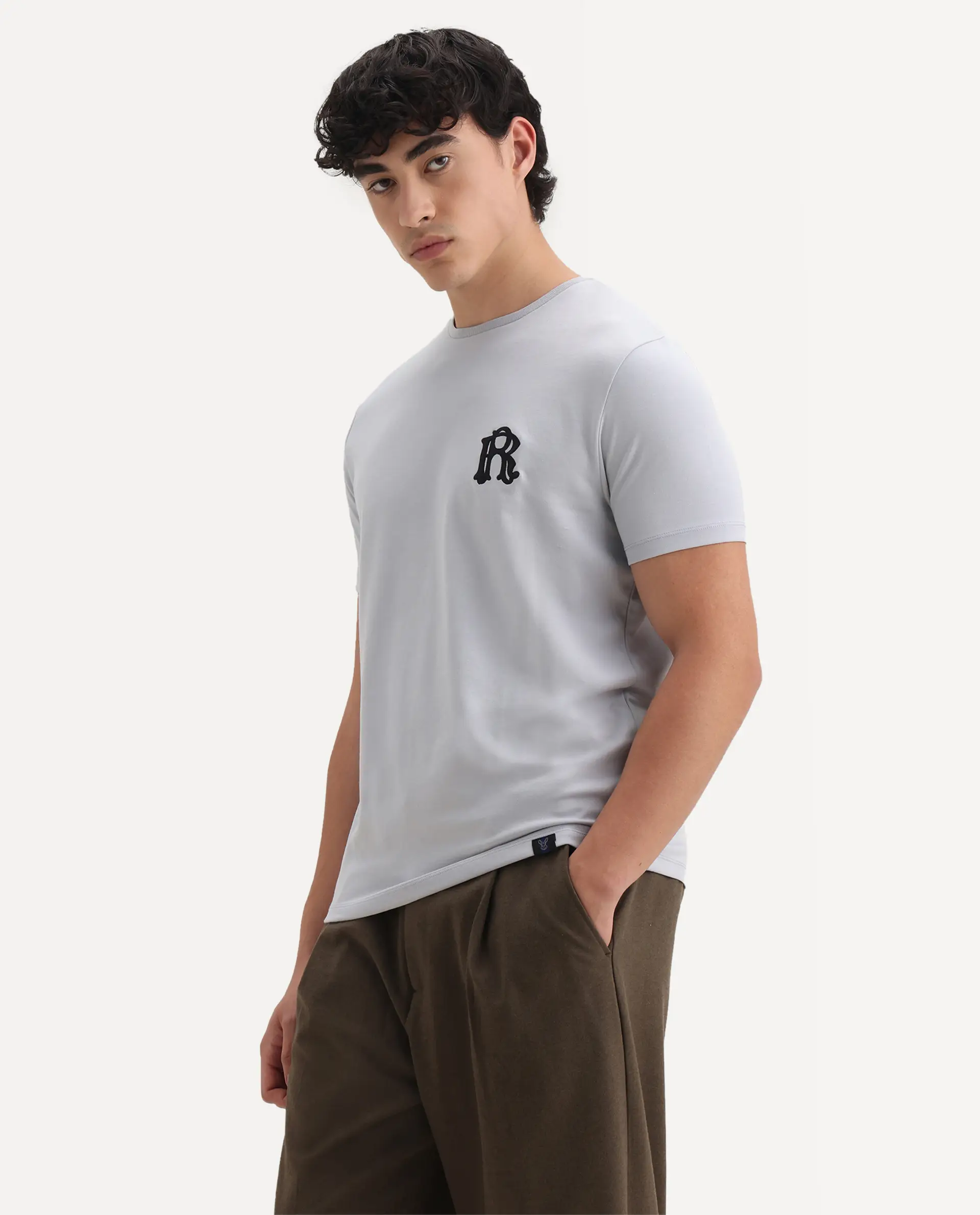 Rare Rabbit Men's Lex Light Grey Cotton Embroidered Oversized Fit Half Sleeve Crew Neck T-Shirt - Image 4