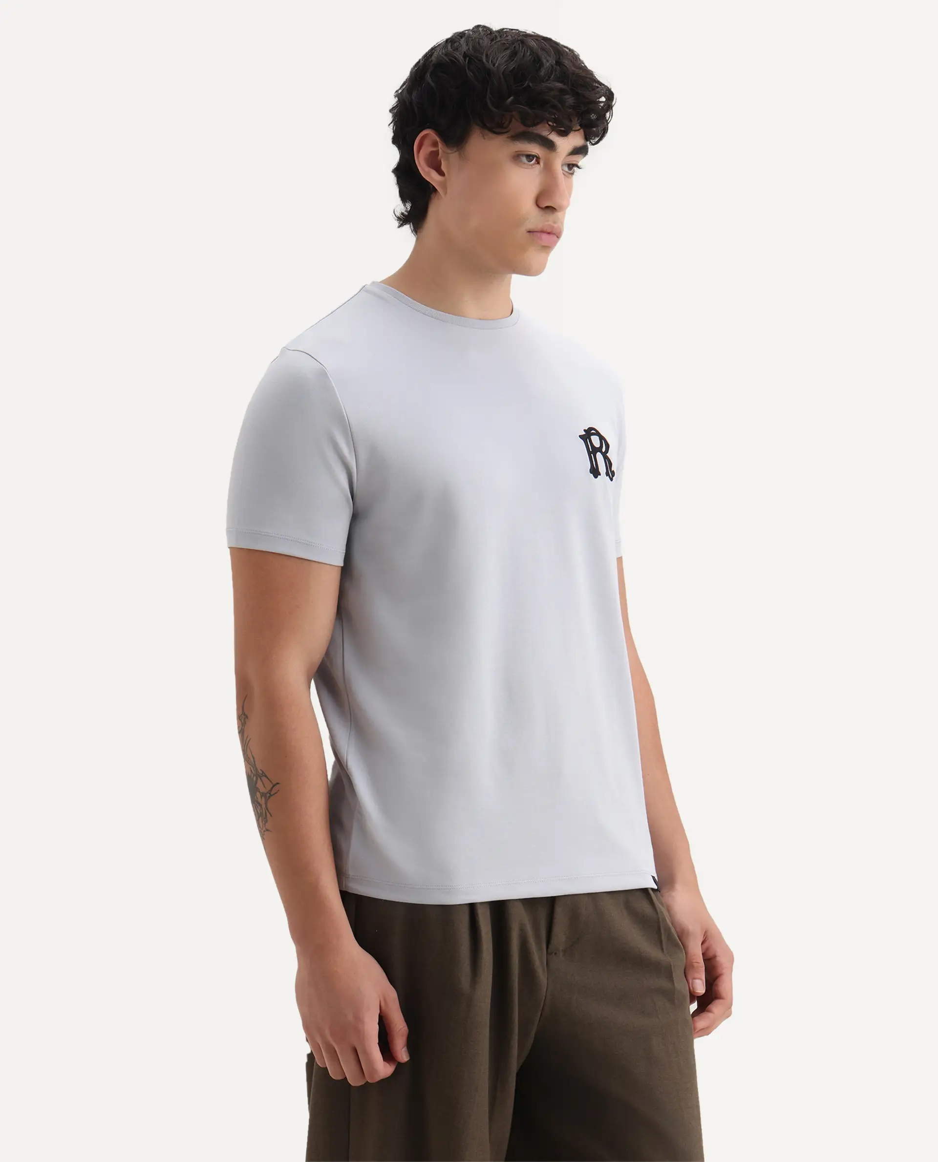 Rare Rabbit Men's Lex Light Grey Cotton Embroidered Oversized Fit Half Sleeve Crew Neck T-Shirt - Image 5