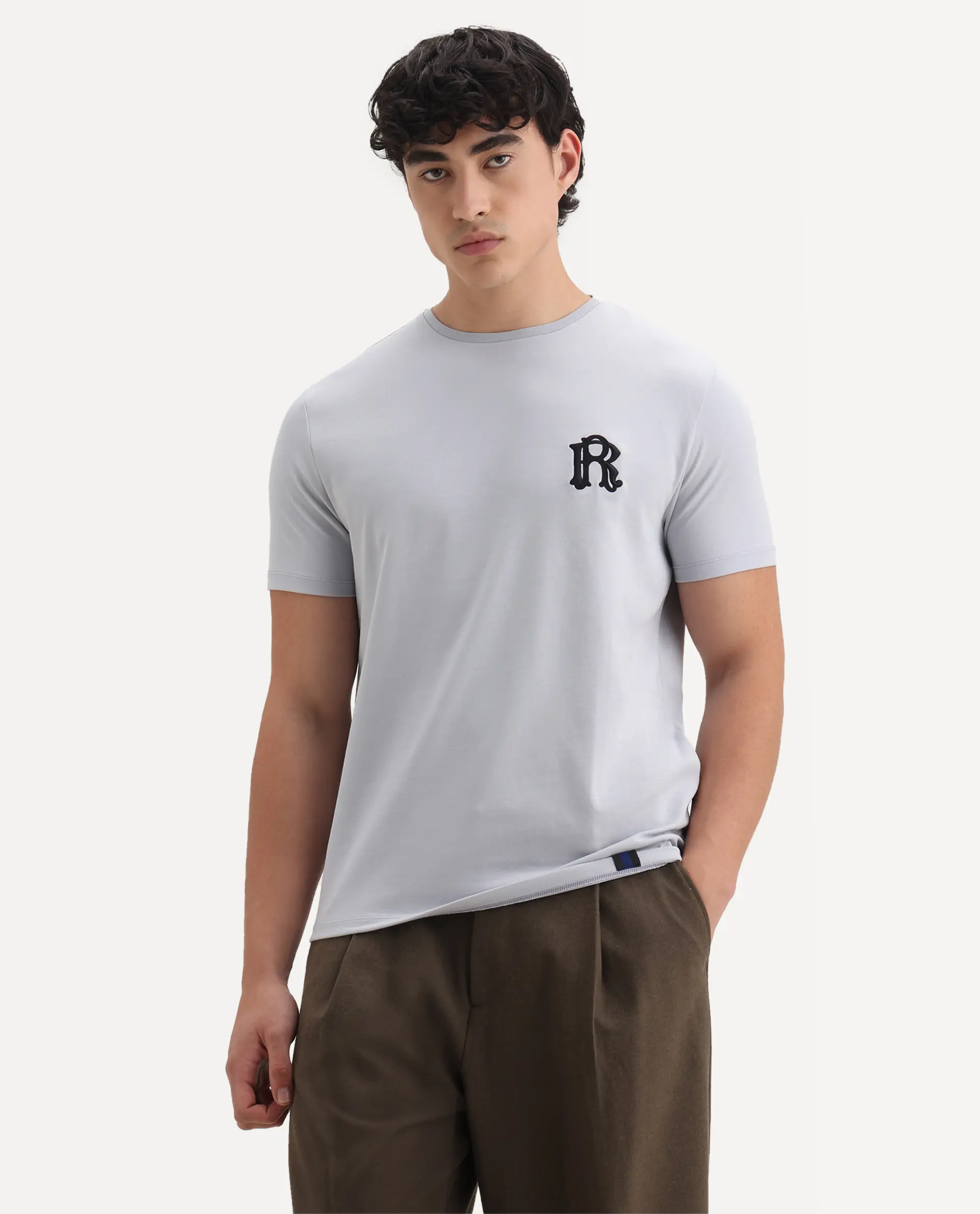 Rare Rabbit Men's Lex Light Grey Cotton Embroidered Oversized Fit Half Sleeve Crew Neck T-Shirt - Image 6