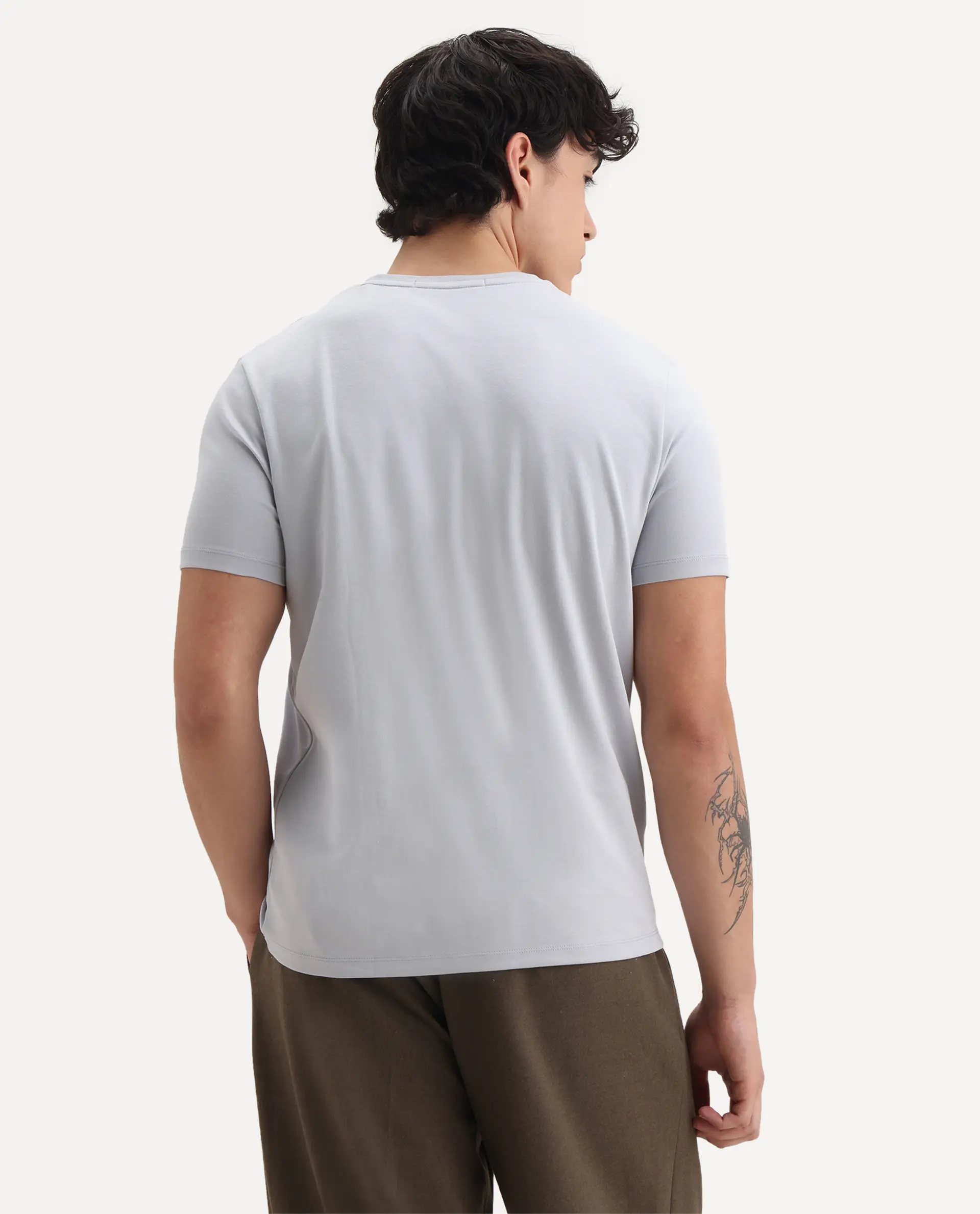 Rare Rabbit Men's Lex Light Grey Cotton Embroidered Oversized Fit Half Sleeve Crew Neck T-Shirt - Image 7