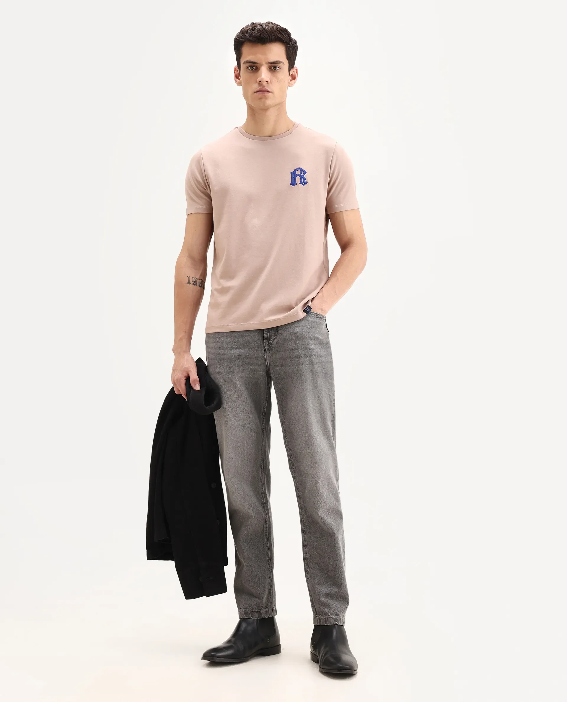 Rare Rabbit Men's Lex Pastel Pink Cotton Blend Embroidered Oversized Fit Half Sleeve Crew Neck T-Shirt - Image 2