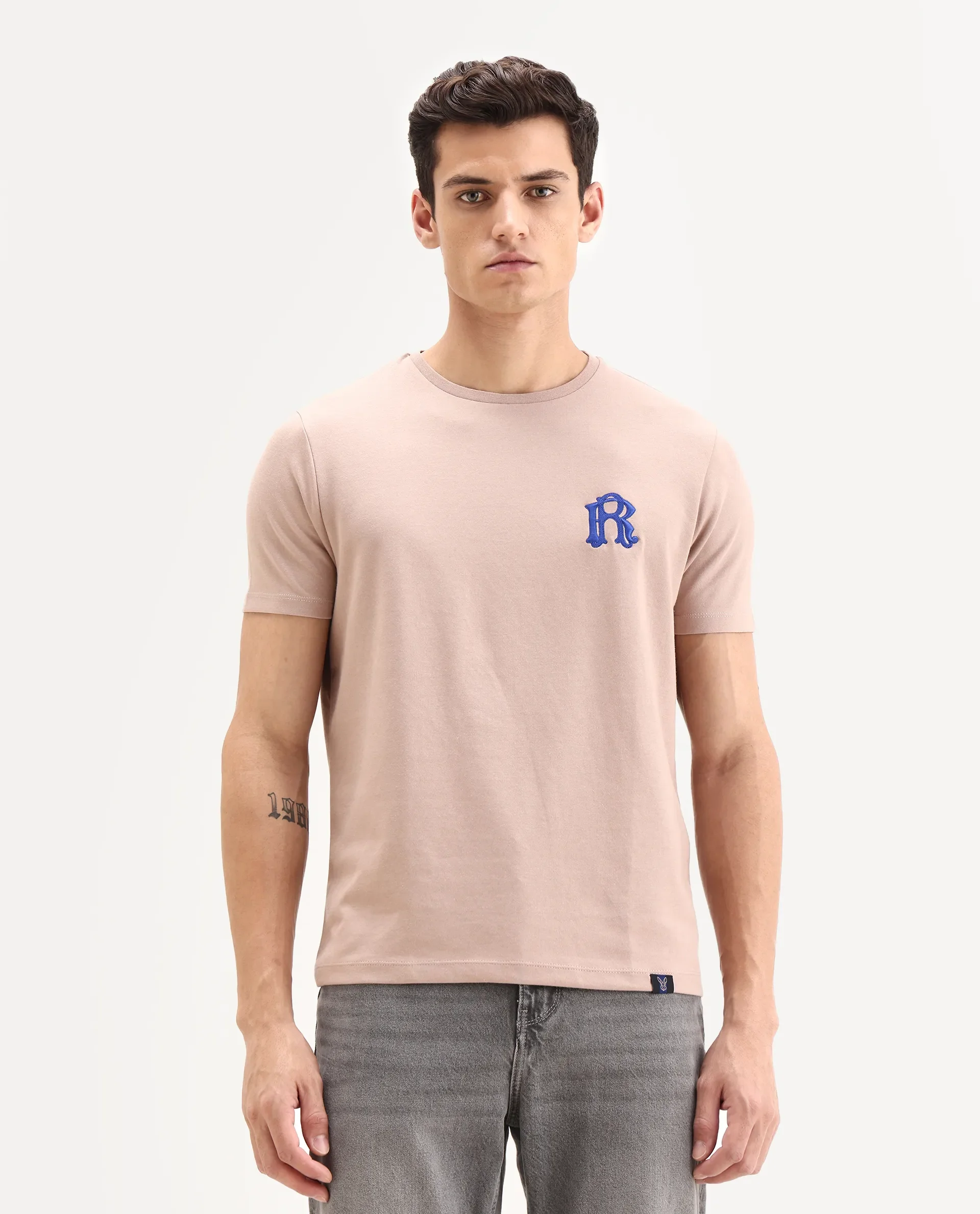 Rare Rabbit Men's Lex Pastel Pink Cotton Blend Embroidered Oversized Fit Half Sleeve Crew Neck T-Shirt - Image 4