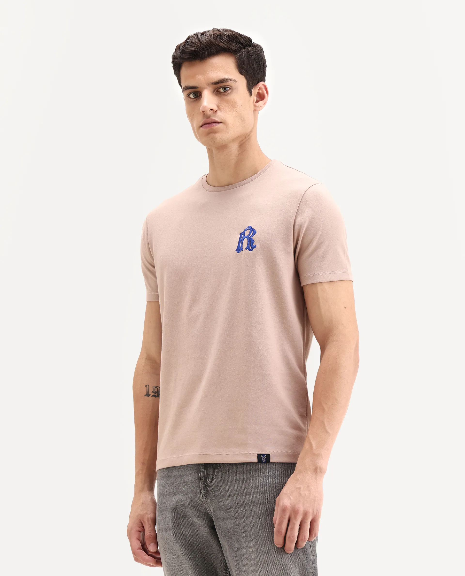 Rare Rabbit Men's Lex Pastel Pink Cotton Blend Embroidered Oversized Fit Half Sleeve Crew Neck T-Shirt - Image 5
