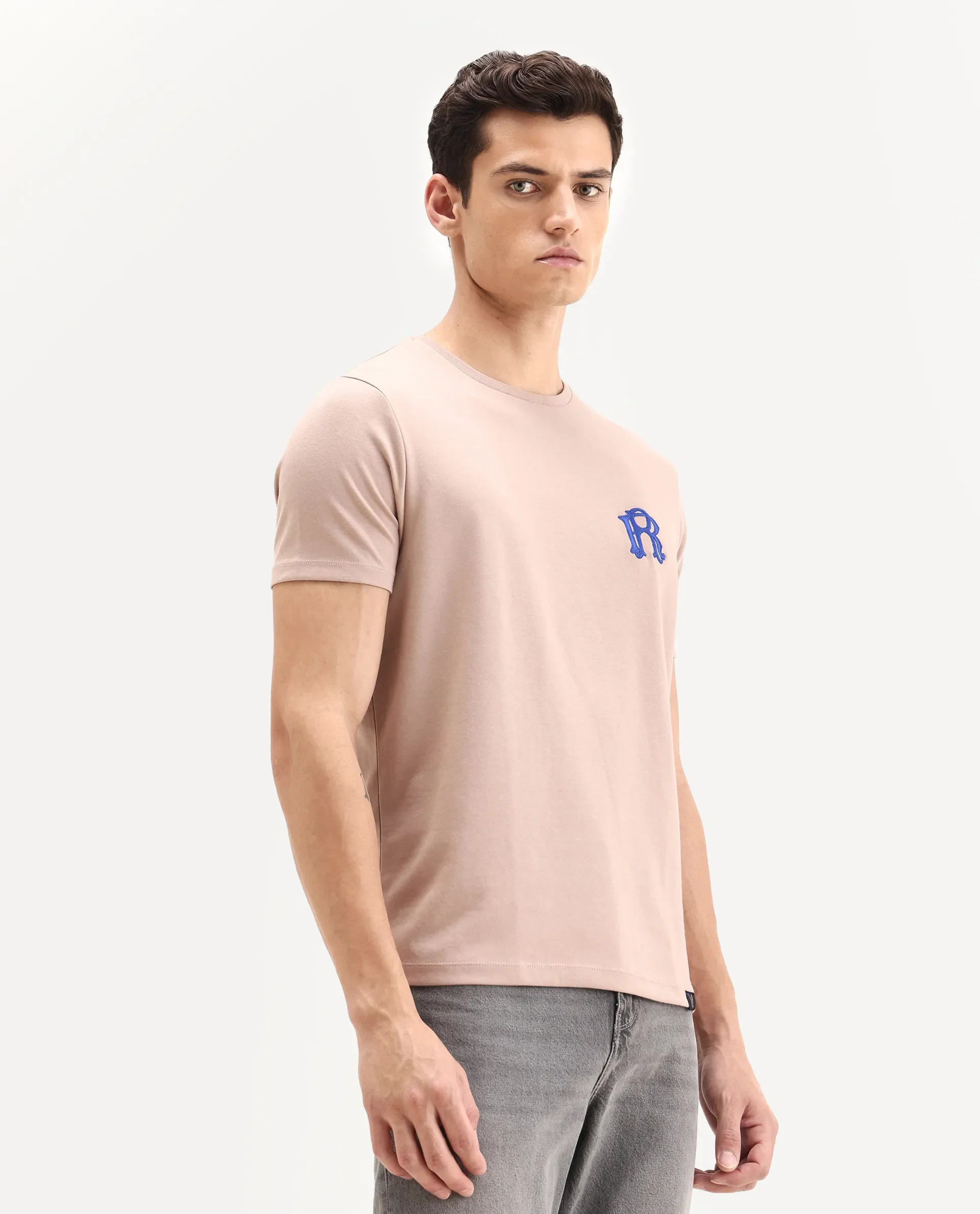 Rare Rabbit Men's Lex Pastel Pink Cotton Blend Embroidered Oversized Fit Half Sleeve Crew Neck T-Shirt - Image 6