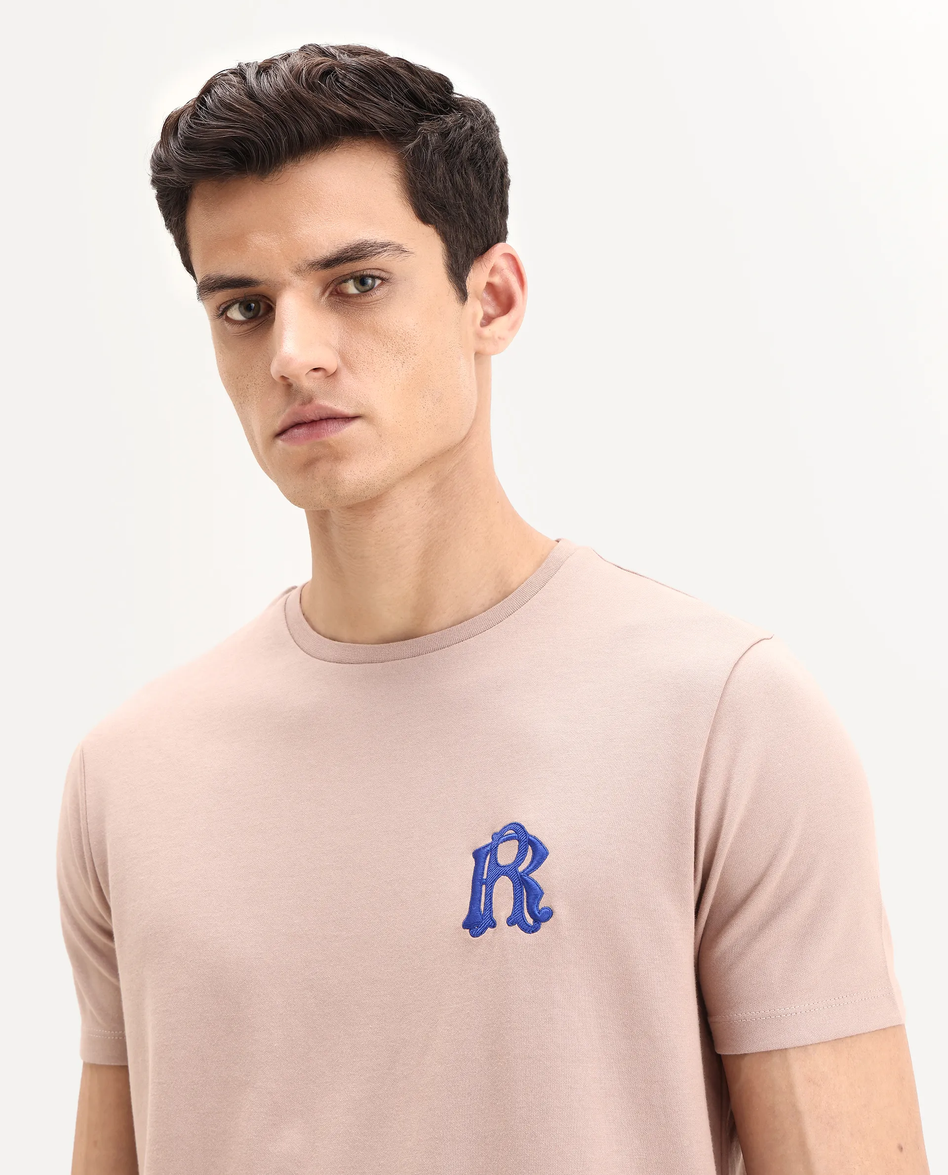 Rare Rabbit Men's Lex Pastel Pink Cotton Blend Embroidered Oversized Fit Half Sleeve Crew Neck T-Shirt - Image 7