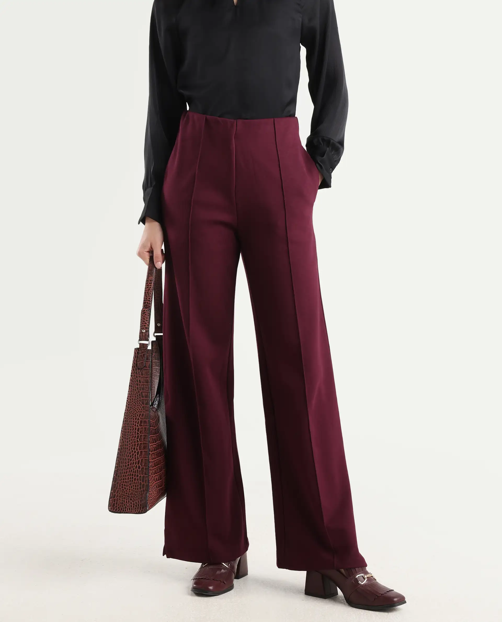 Rareism Women's Lex Dark Maroon Cotton Blend Straight Fit Track Pant - Image 3
