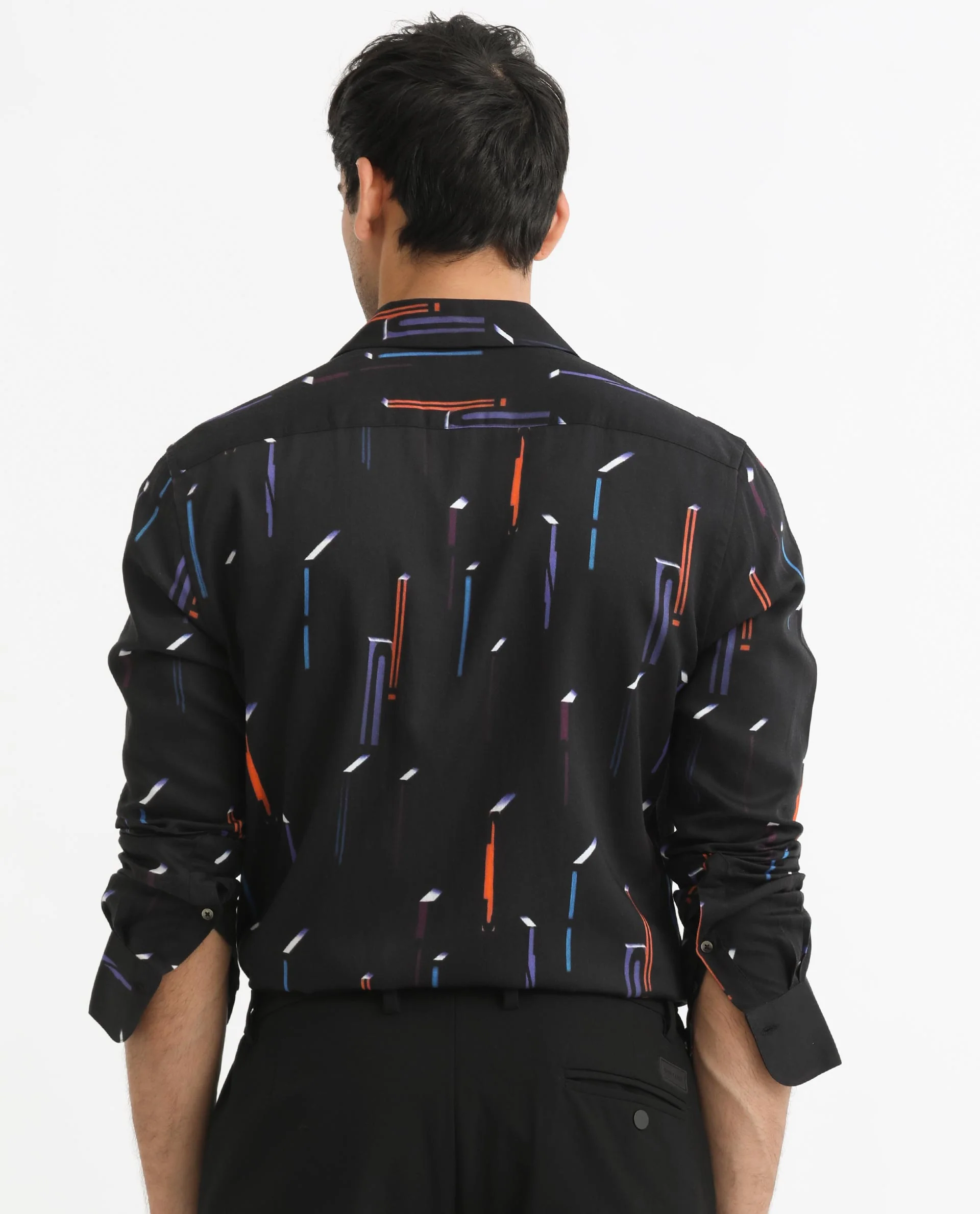 Rare Rabbit Men's Lexa Black Cotton Geometric Print Regular Fit Full Sleeve Cuban Collar Shirt - Image 10